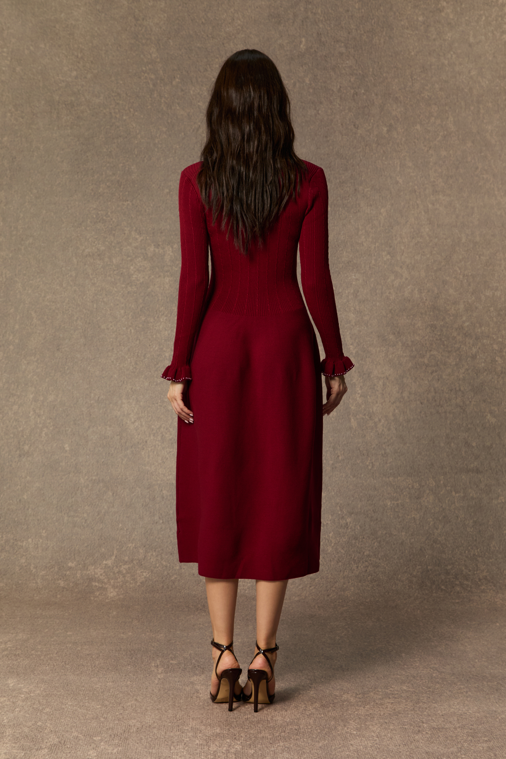 Autumn Luxe Burgundy Jewel Button Ruffle Cuff Midi Dress