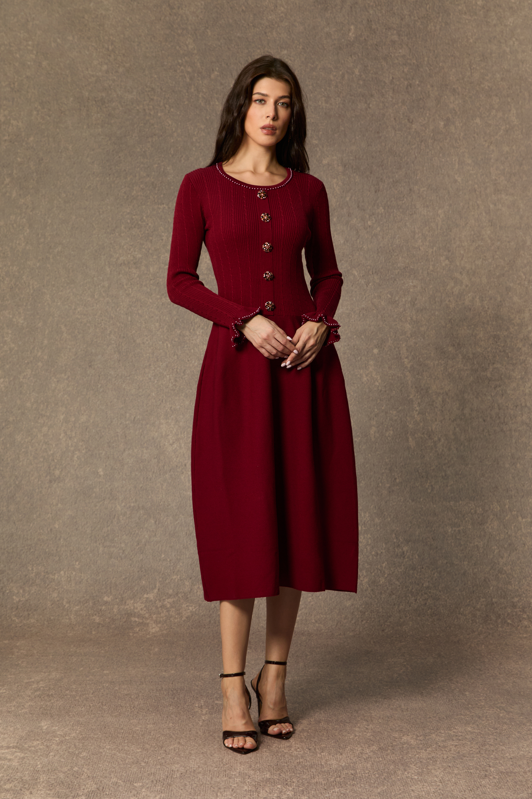 Autumn Luxe Burgundy Jewel Button Ruffle Cuff Midi Dress