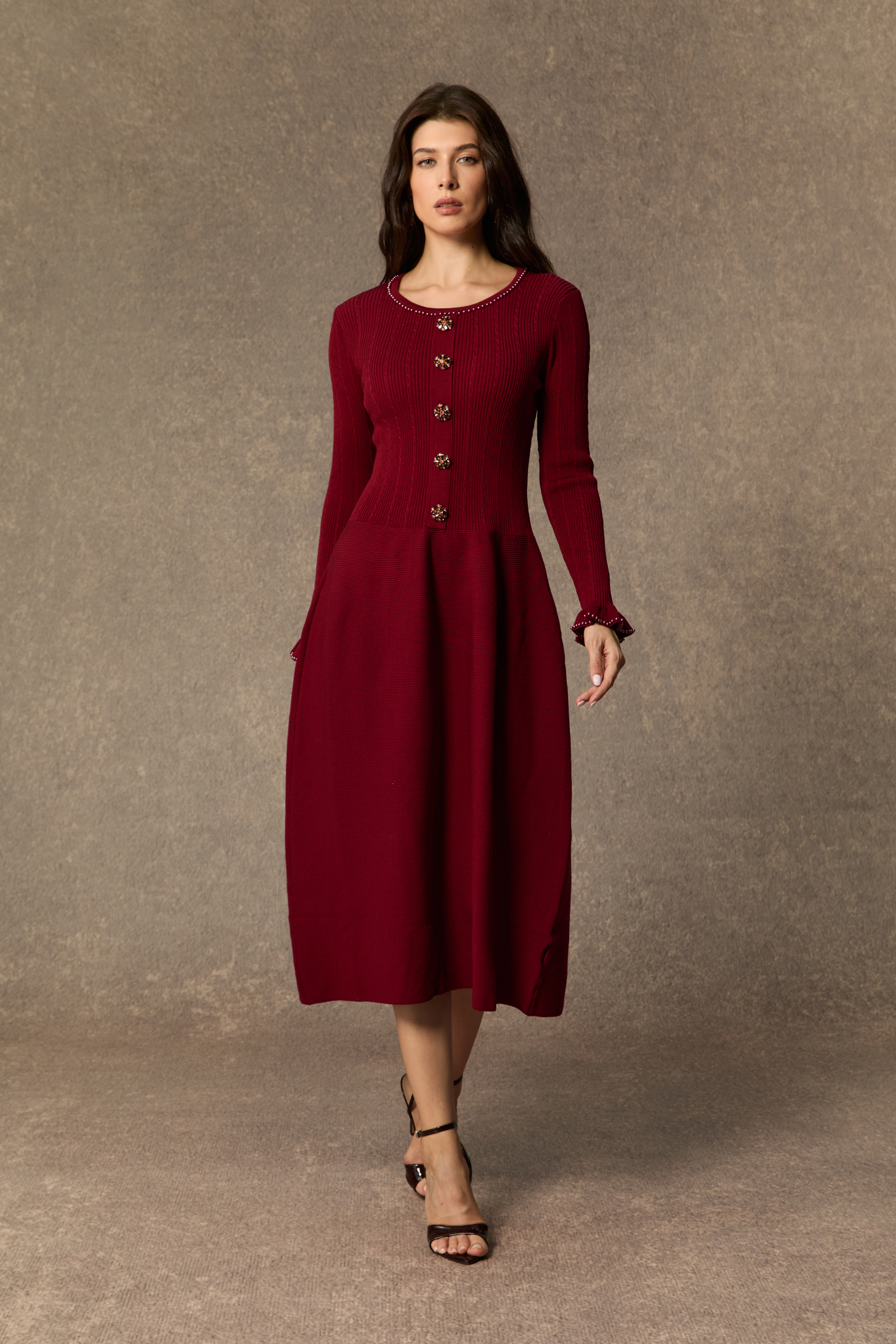 Autumn Luxe Burgundy Jewel Button Ruffle Cuff Midi Dress