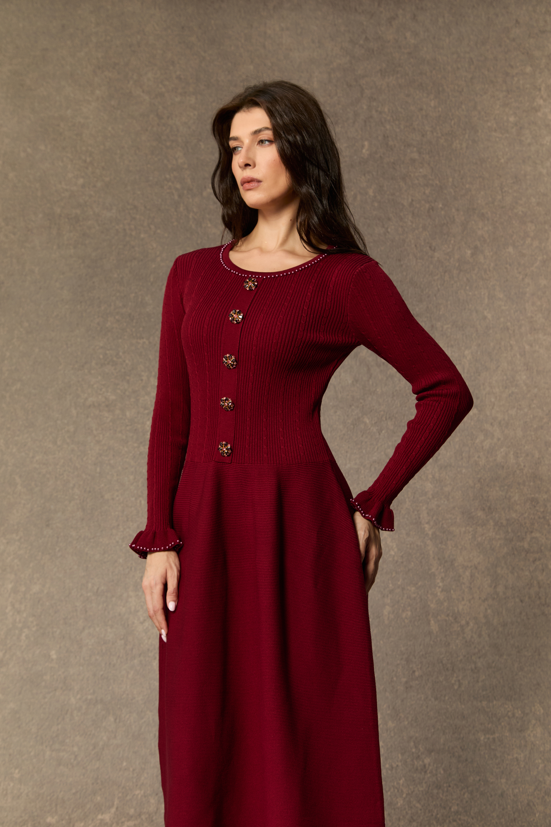 Autumn Luxe Burgundy Jewel Button Ruffle Cuff Midi Dress