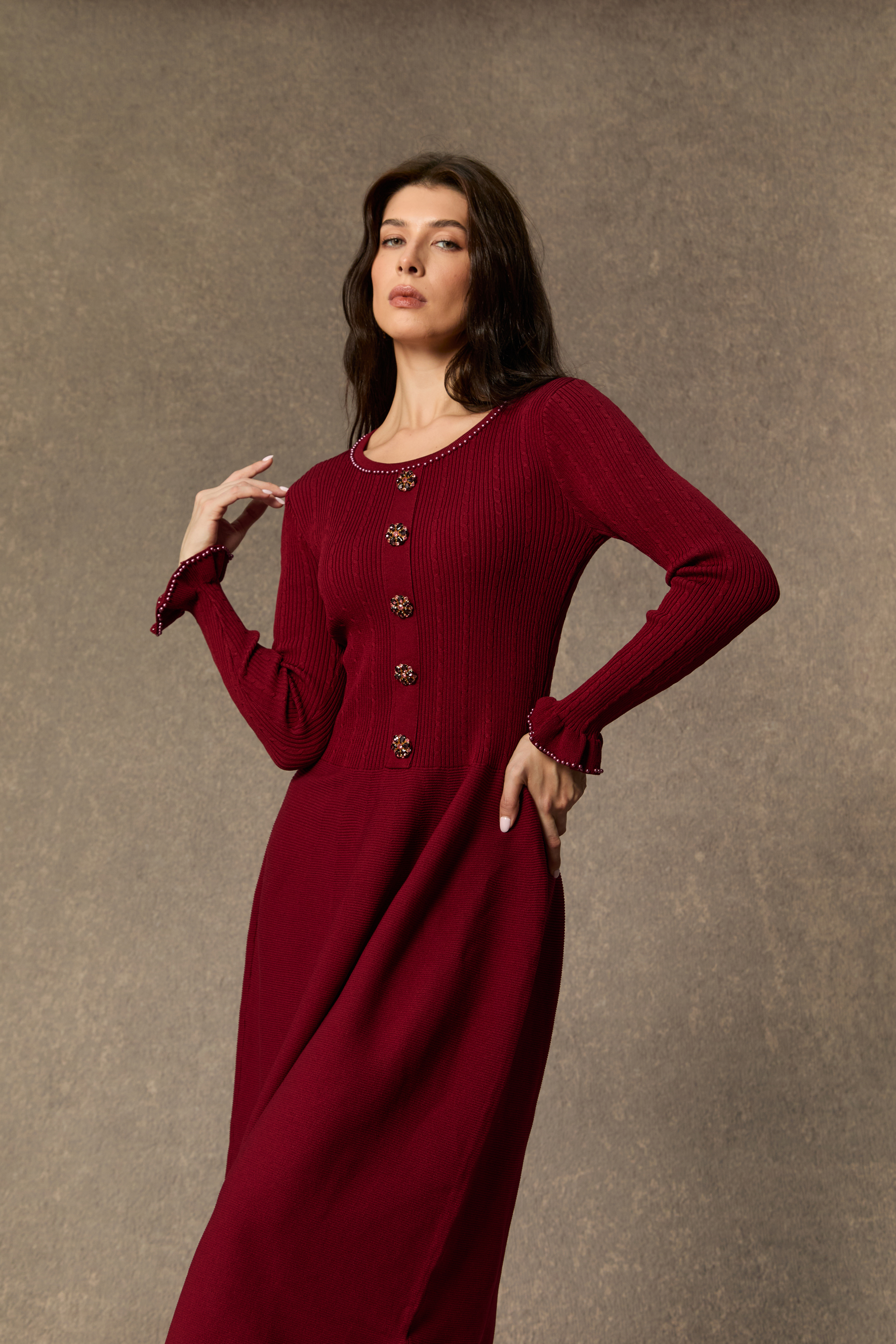 Autumn Luxe Burgundy Jewel Button Ruffle Cuff Midi Dress