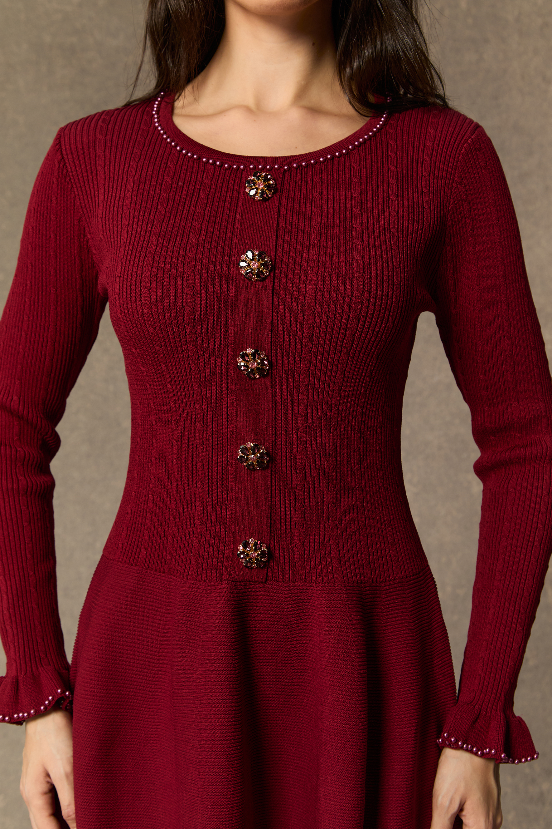 Autumn Luxe Burgundy Jewel Button Ruffle Cuff Midi Dress