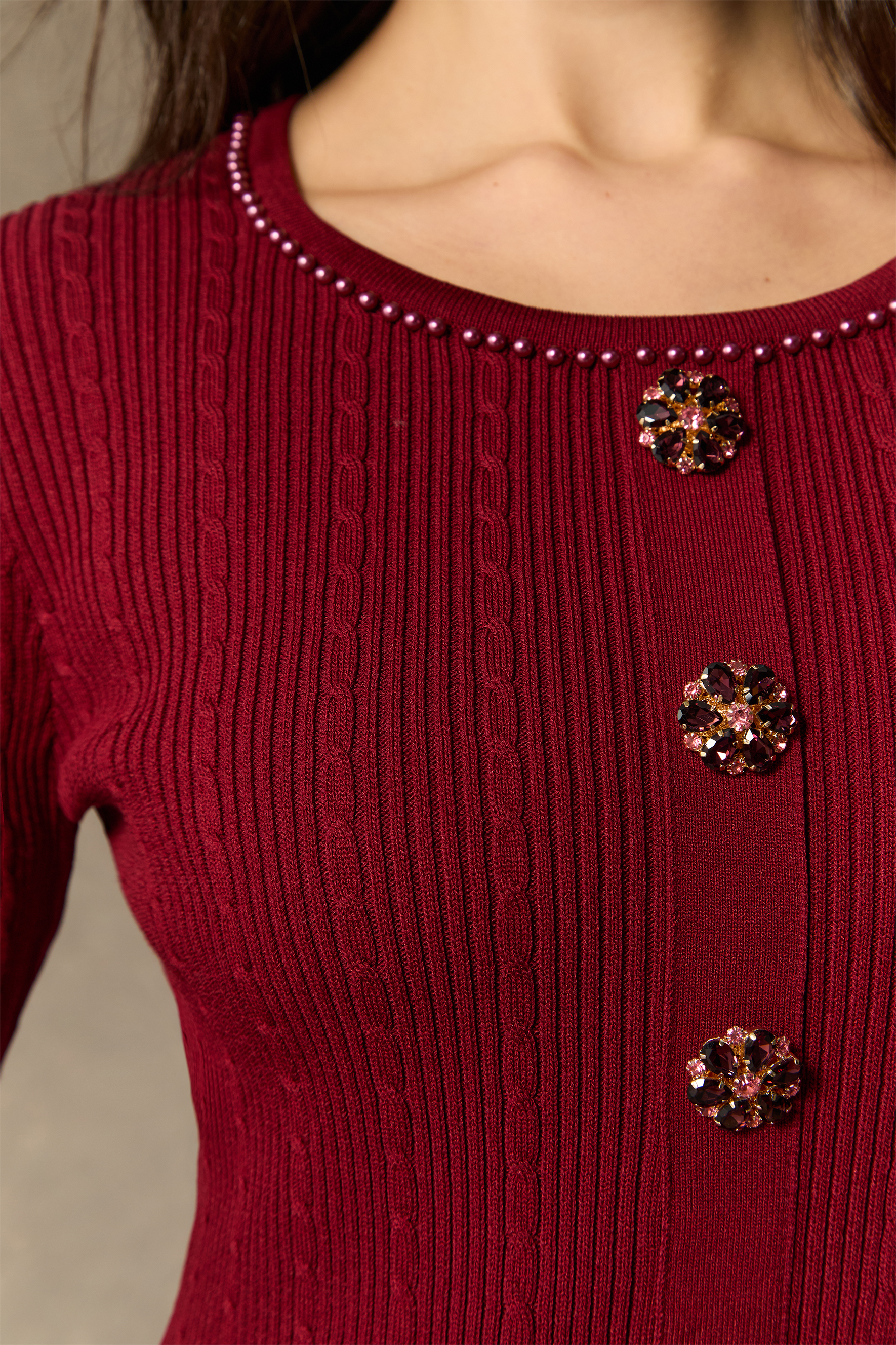 Autumn Luxe Burgundy Jewel Button Ruffle Cuff Midi Dress