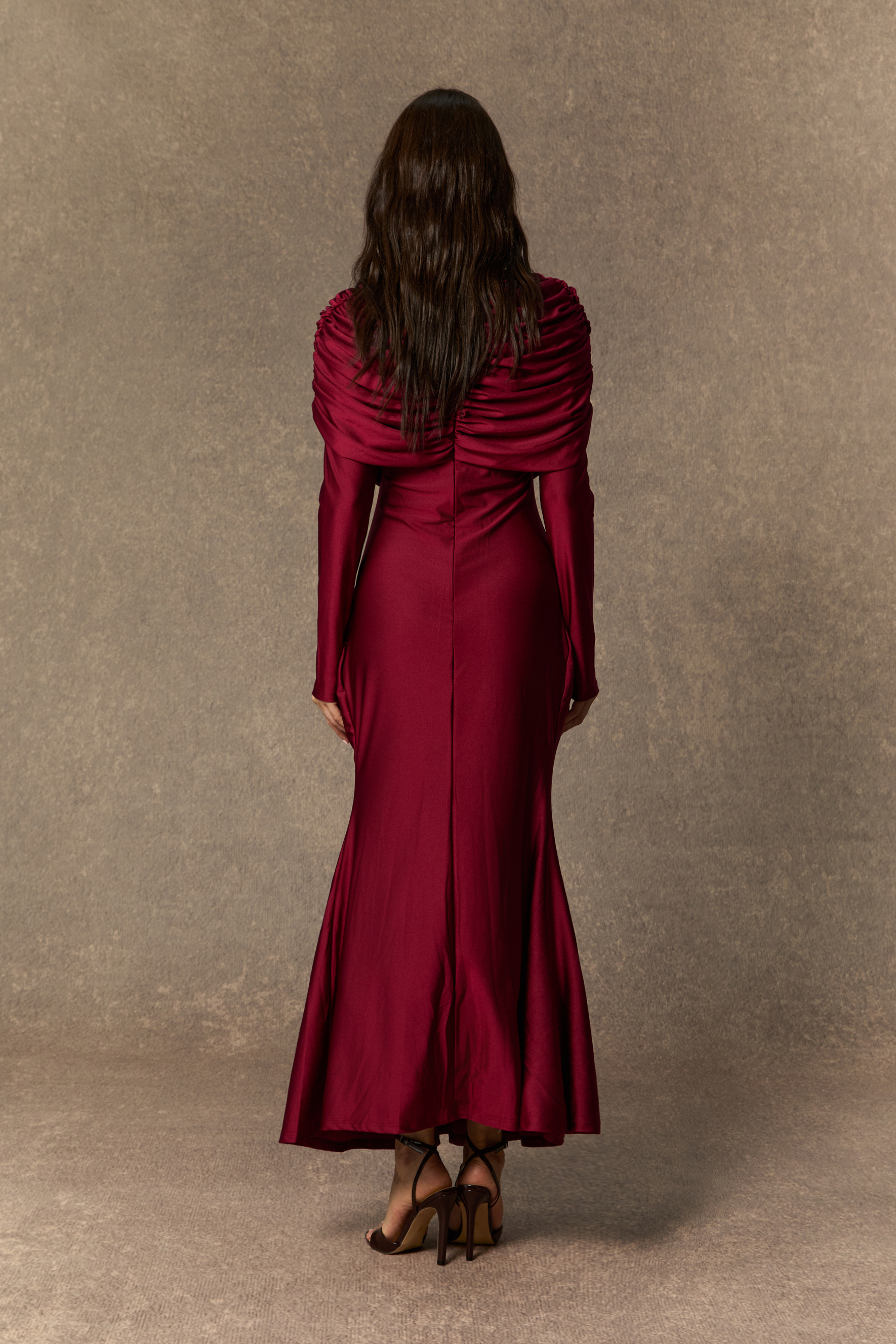Designed Moments Burgundy Crystal Accent Ruched Maxi Dress