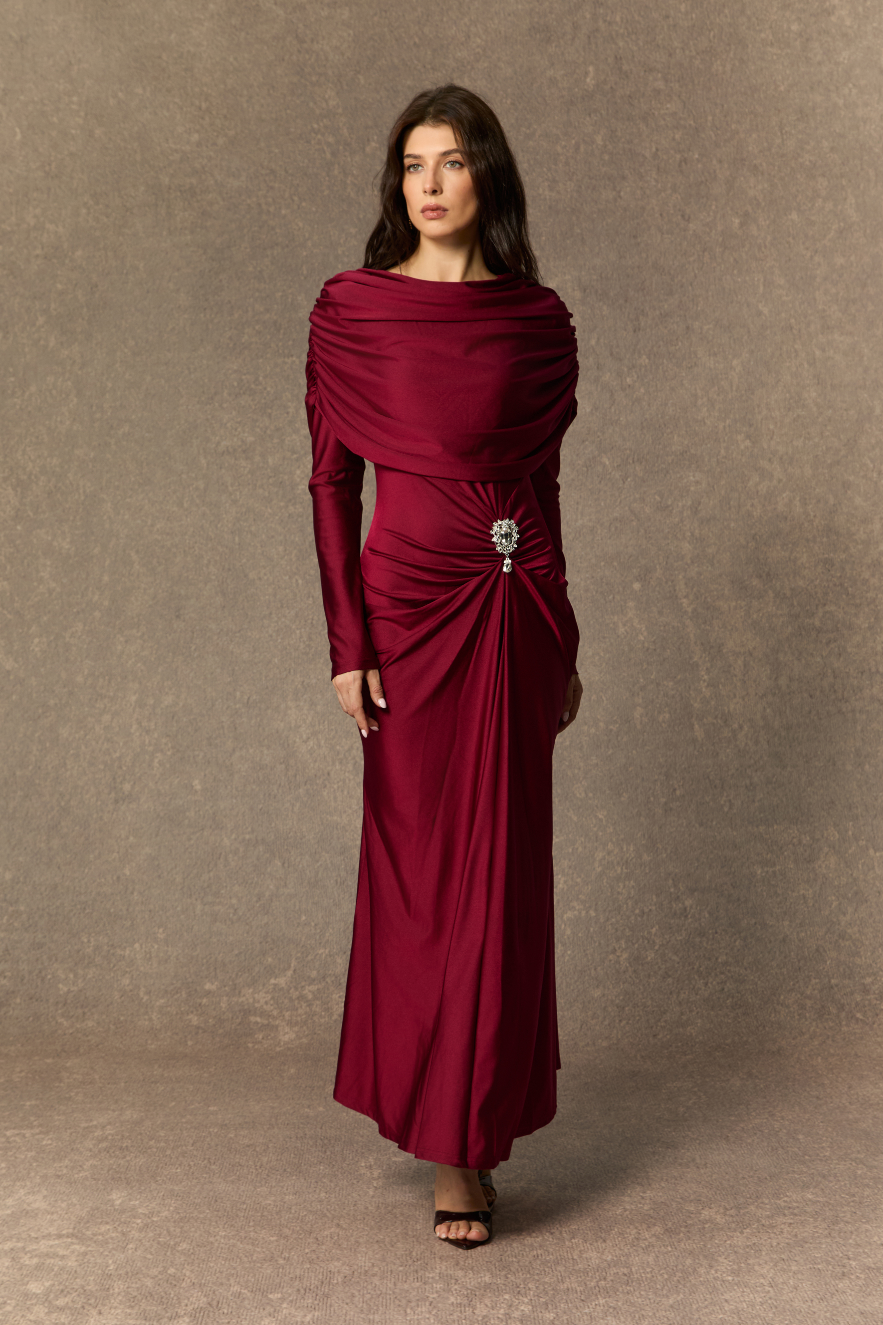 Designed Moments Burgundy Crystal Accent Ruched Maxi Dress
