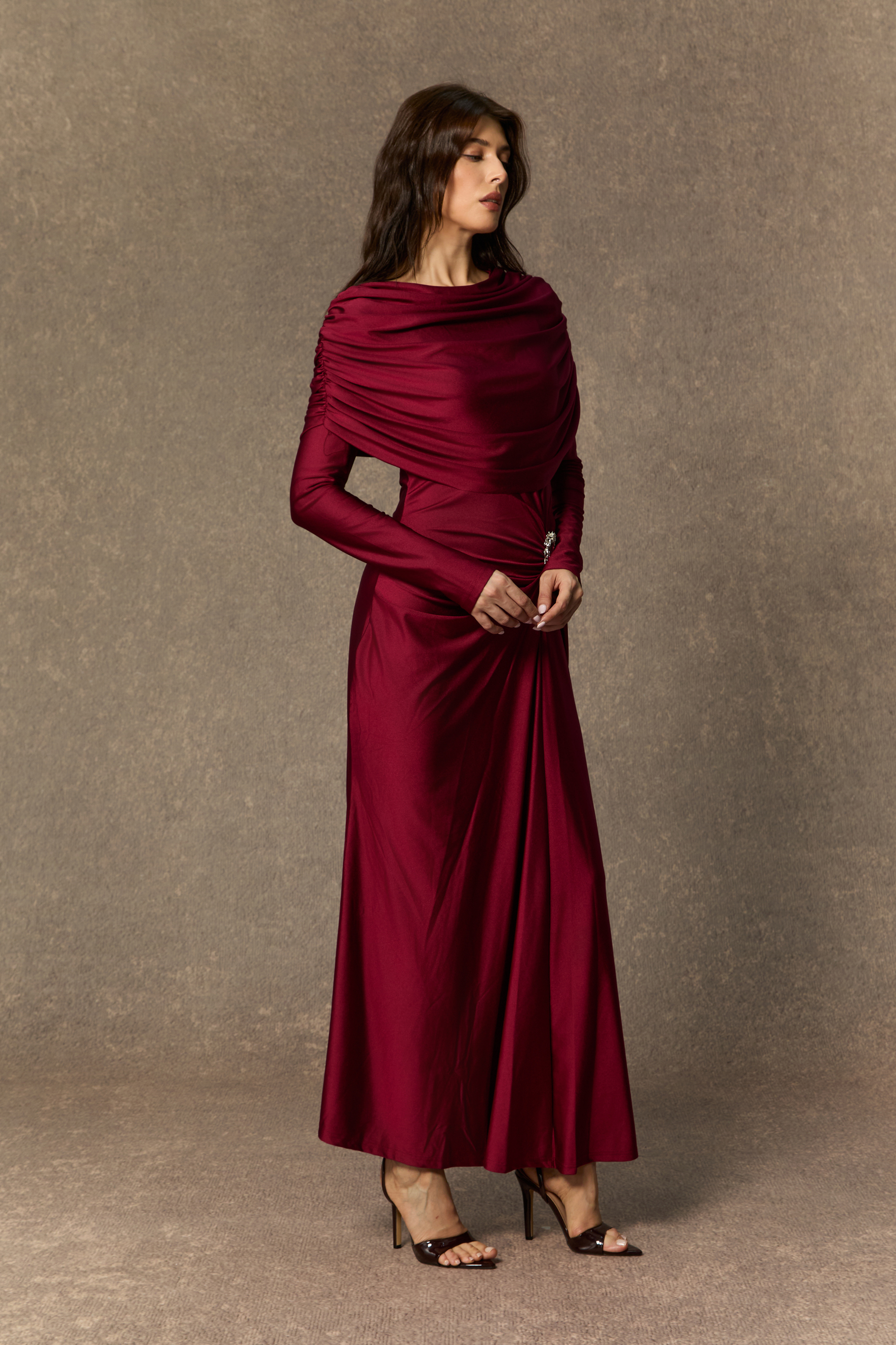 Designed Moments Burgundy Crystal Accent Ruched Maxi Dress