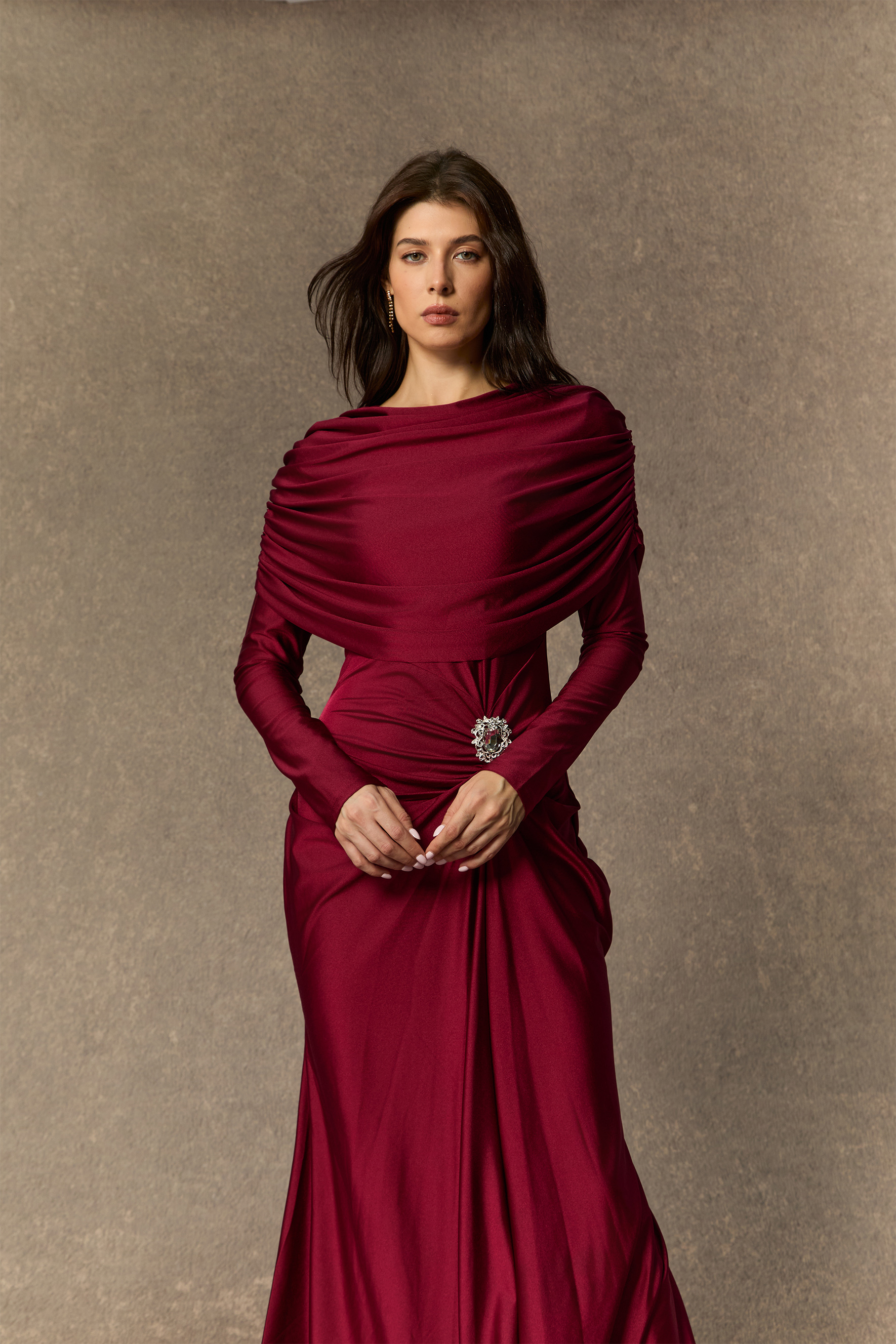 Designed Moments Burgundy Crystal Accent Ruched Maxi Dress