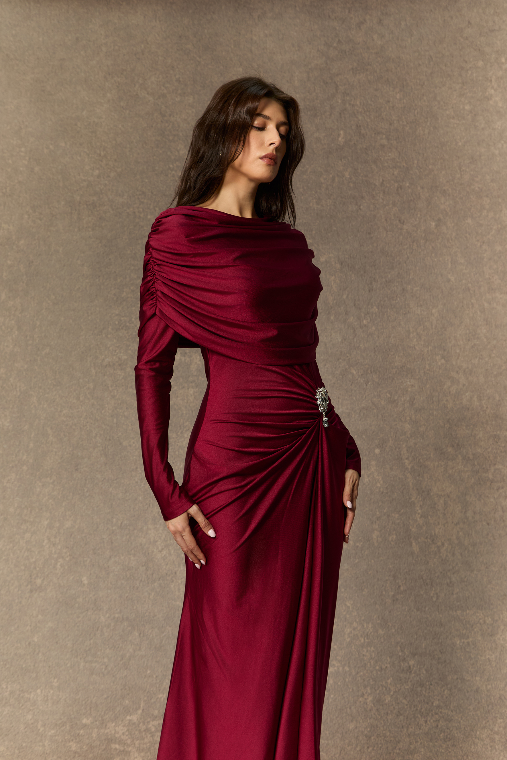 Designed Moments Burgundy Crystal Accent Ruched Maxi Dress
