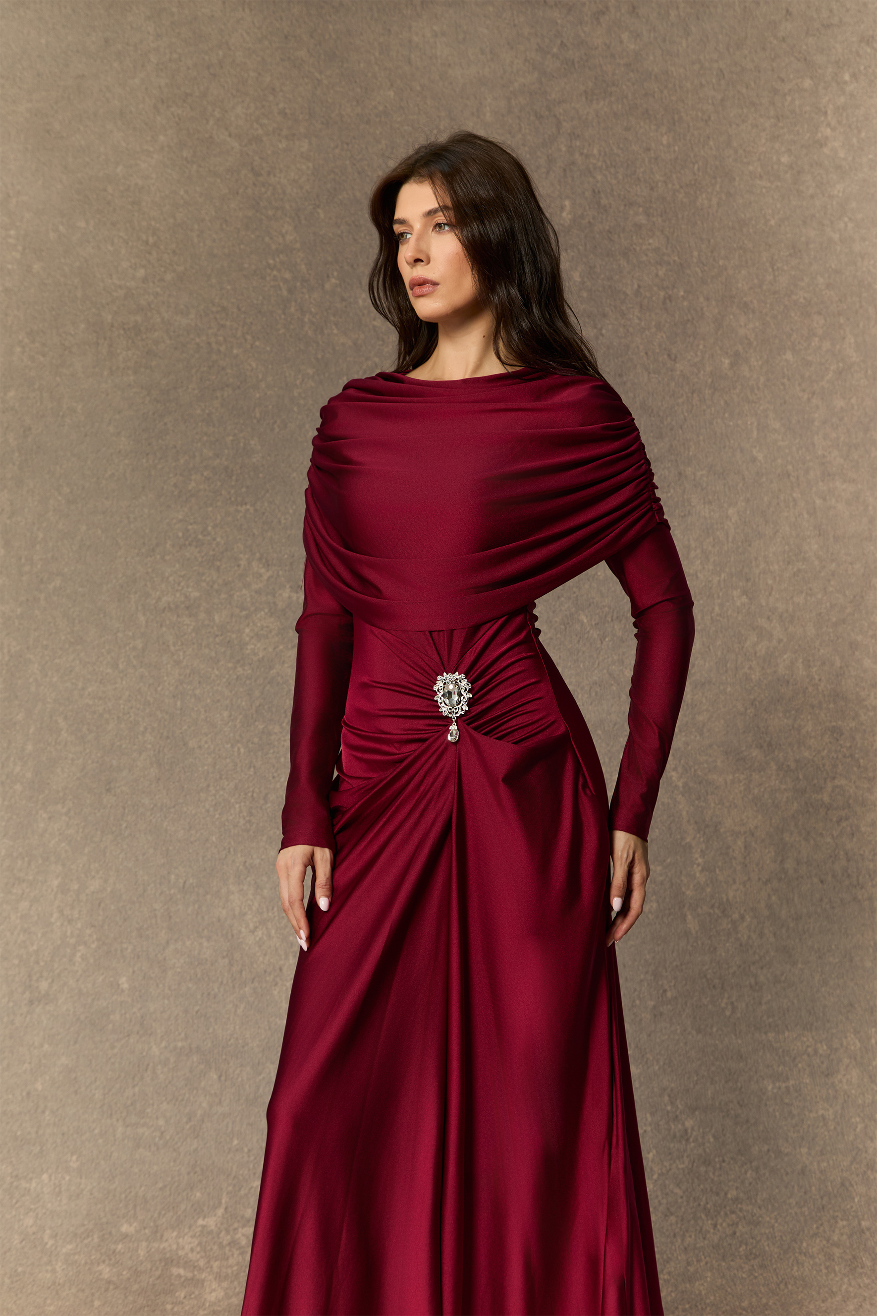 Designed Moments Burgundy Crystal Accent Ruched Maxi Dress