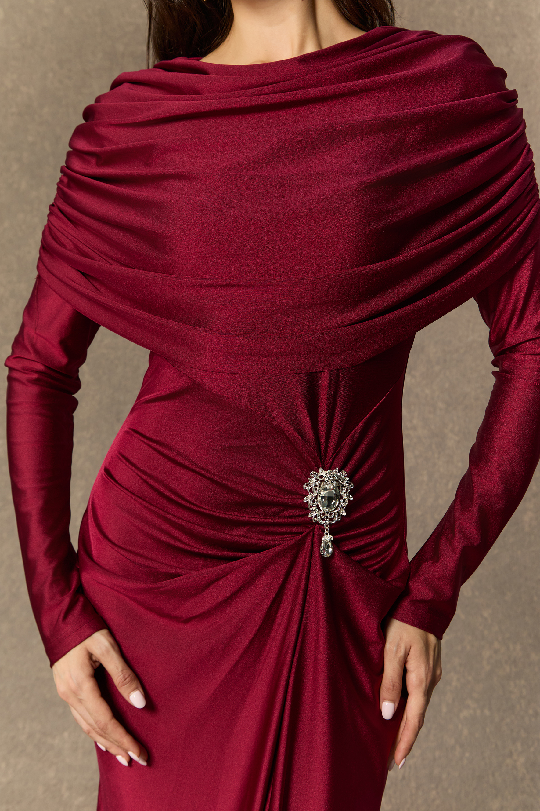 Designed Moments Burgundy Crystal Accent Ruched Maxi Dress