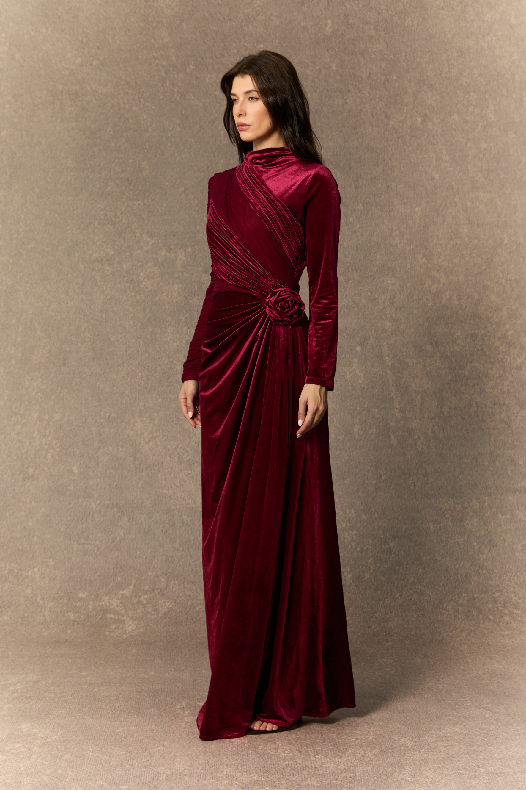 Amelia Floral Ruched Bodice Velvet Maxi Dress