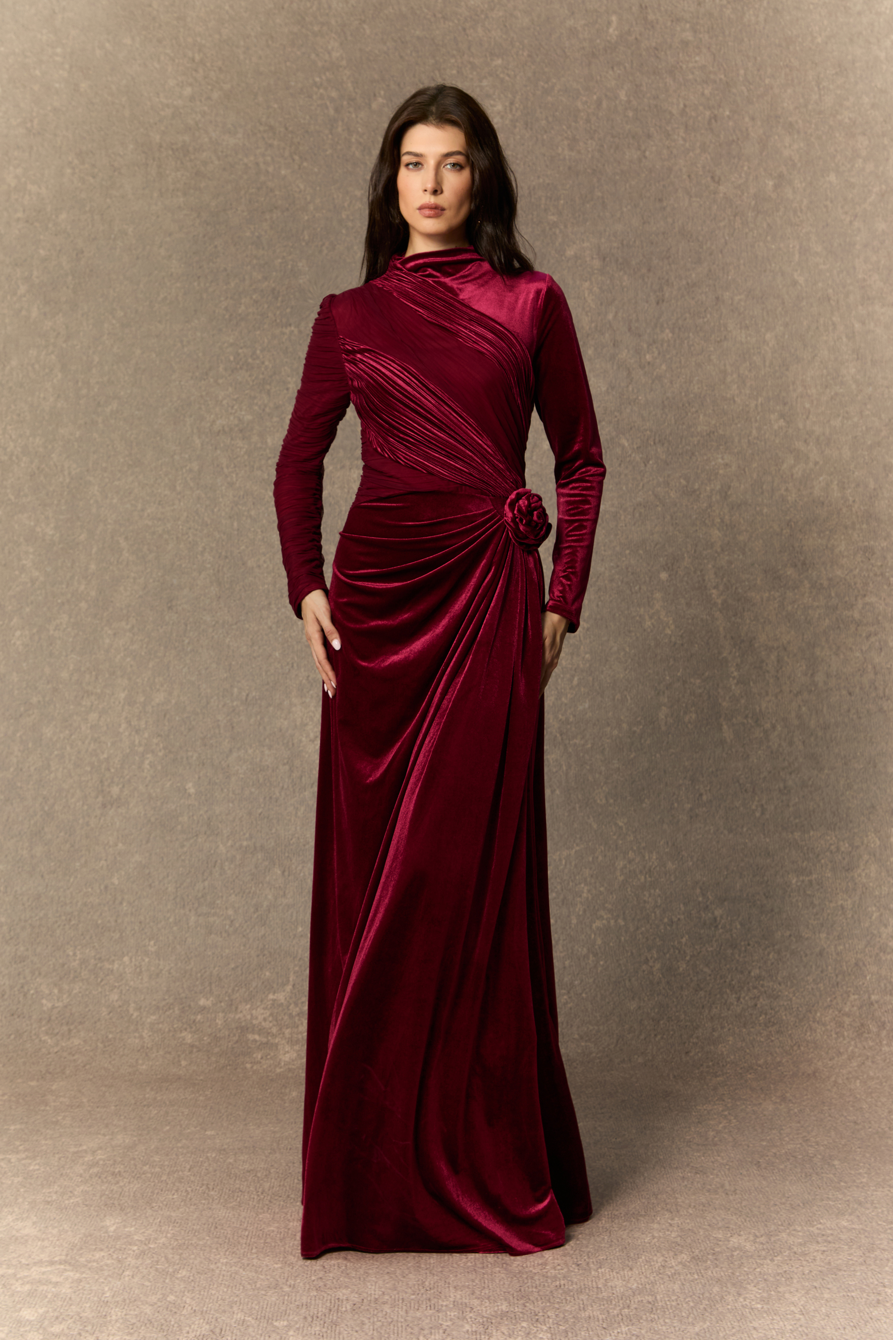 Amelia Floral Ruched Bodice Velvet Maxi Dress