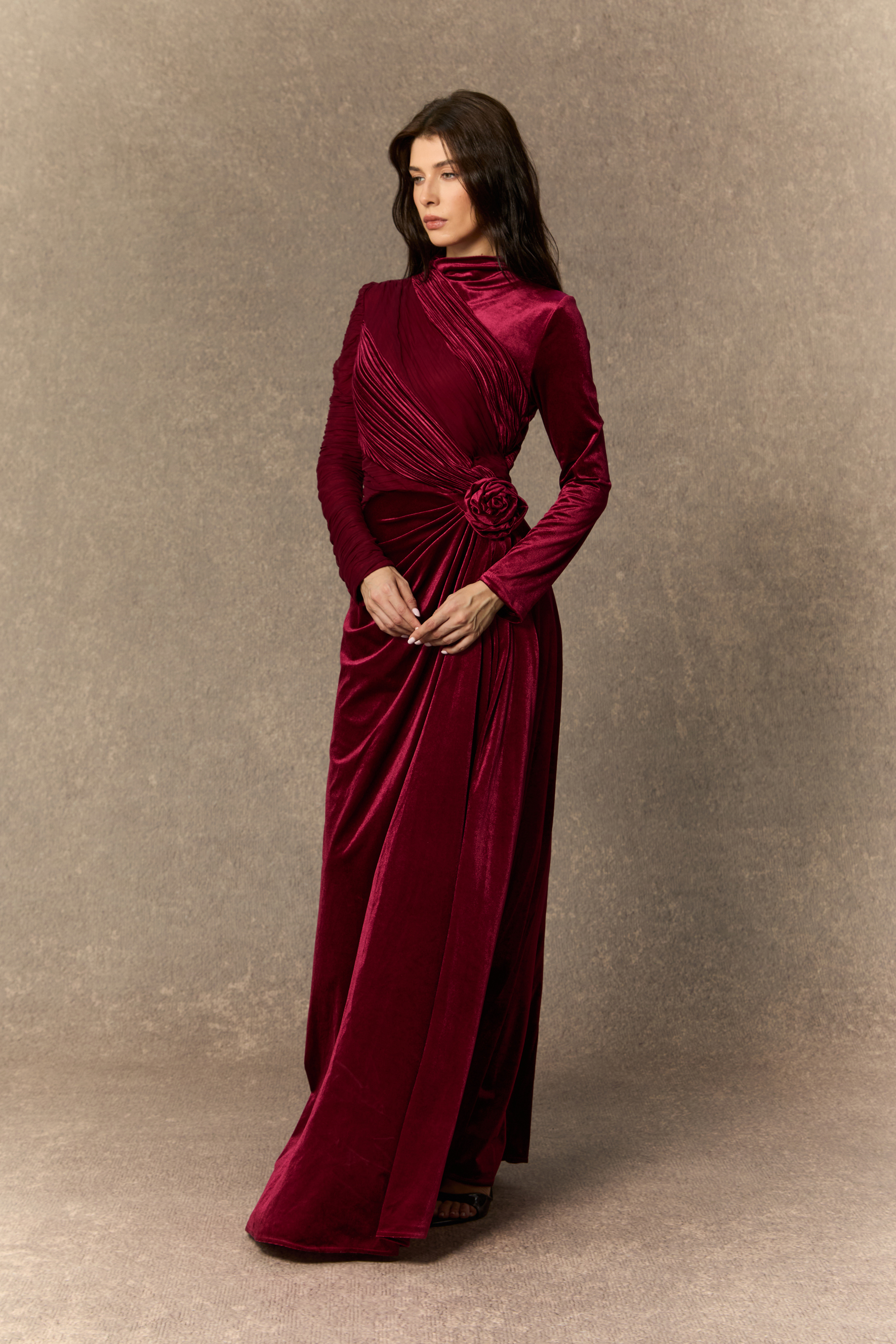 Amelia Floral Ruched Bodice Velvet Maxi Dress