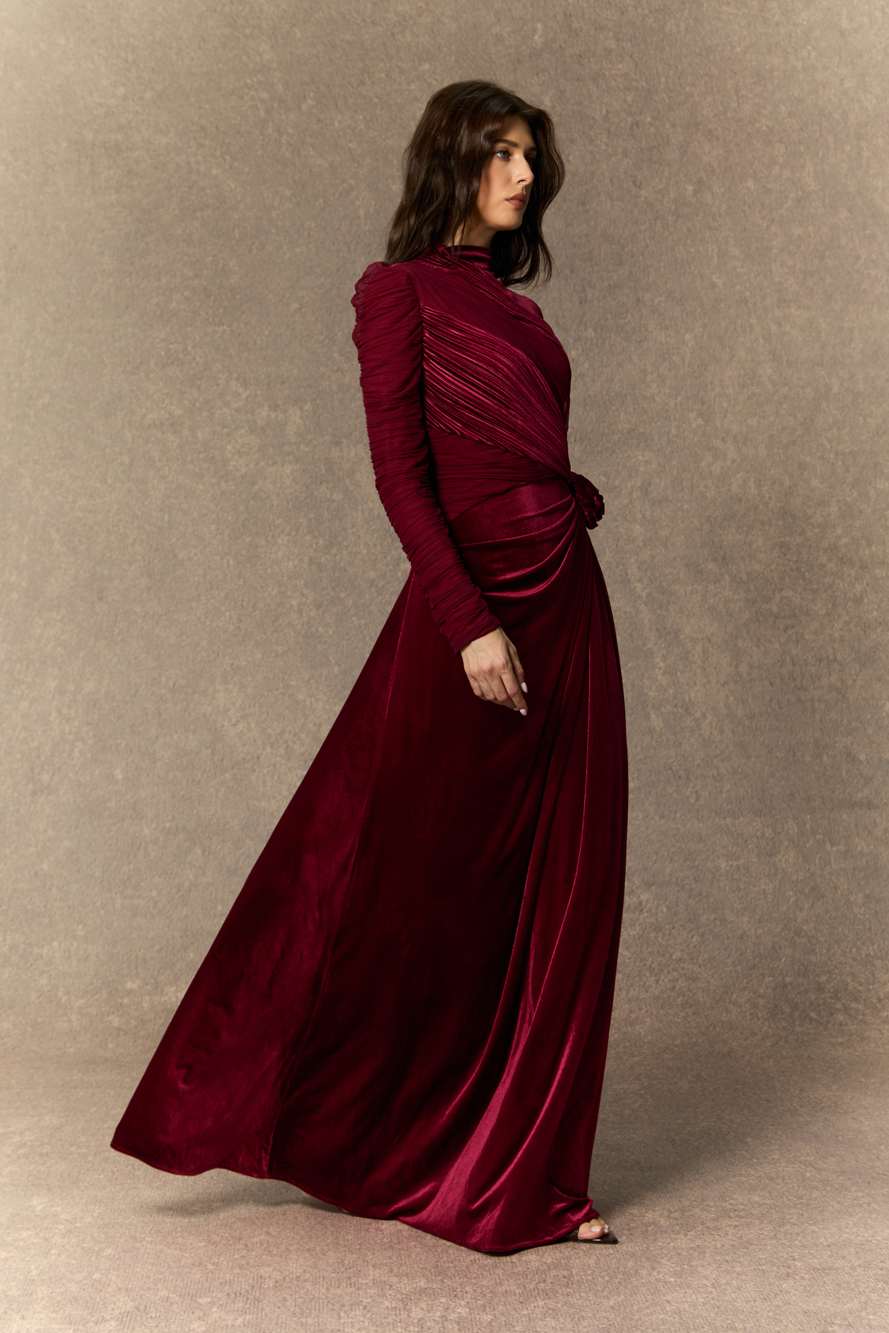 Amelia Floral Ruched Bodice Velvet Maxi Dress