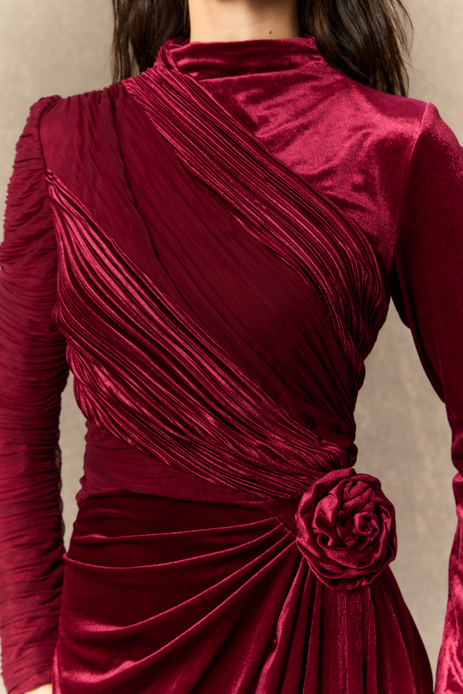 Amelia Floral Ruched Bodice Velvet Maxi Dress