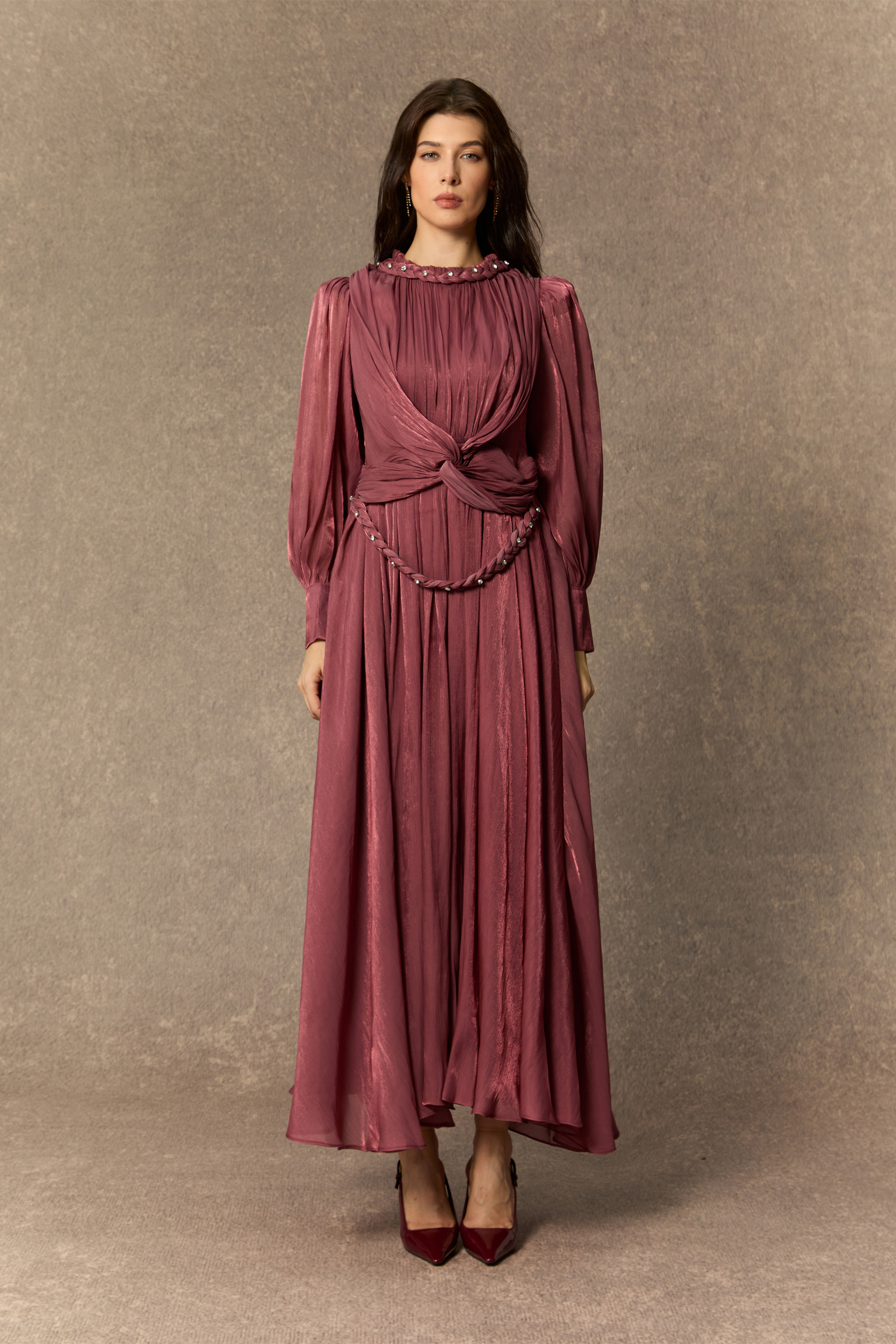 Irresistible Style Dark Pink Braided Detail Lantern Sleeve Maxi Dress