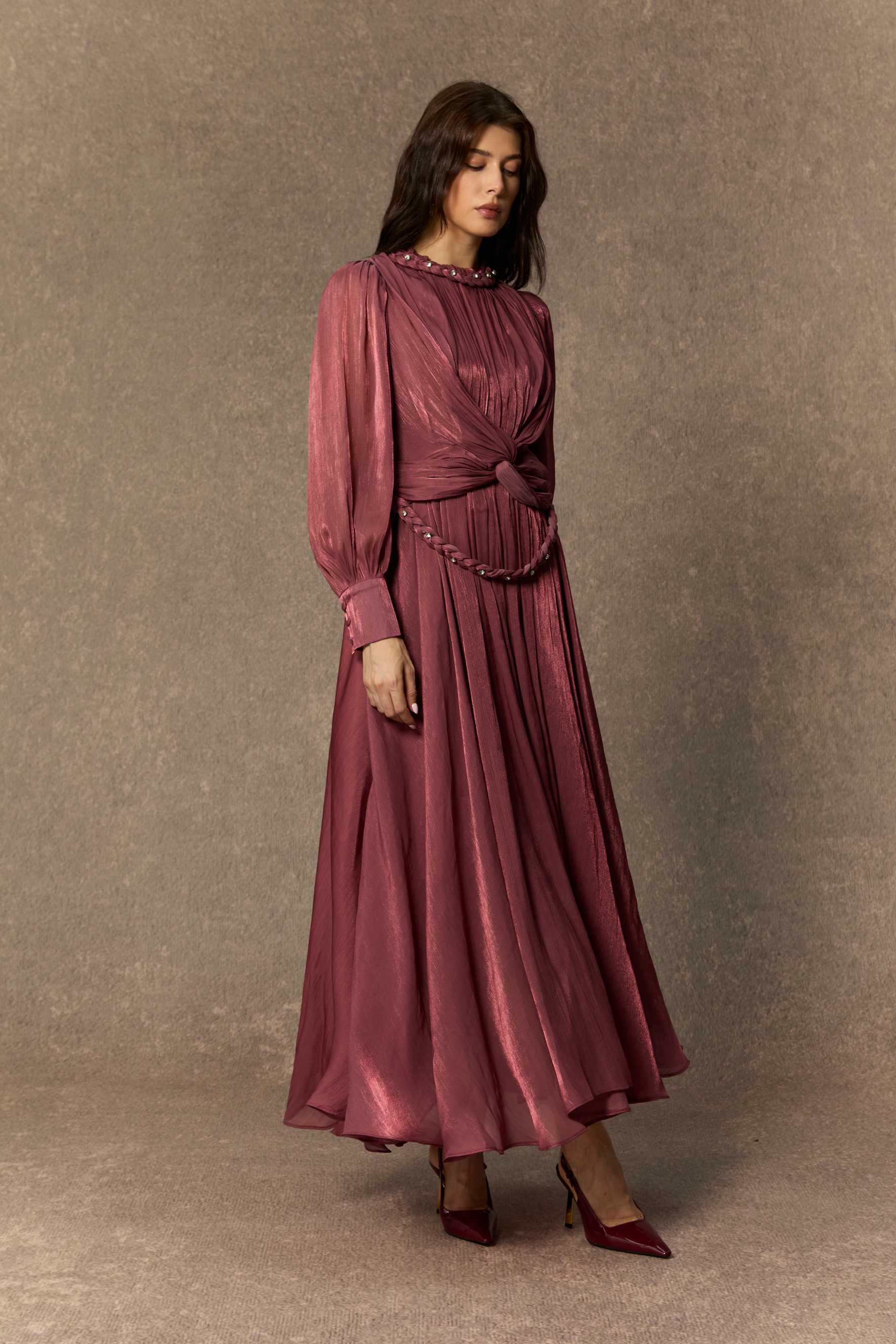 Irresistible Style Dark Pink Braided Detail Lantern Sleeve Maxi Dress