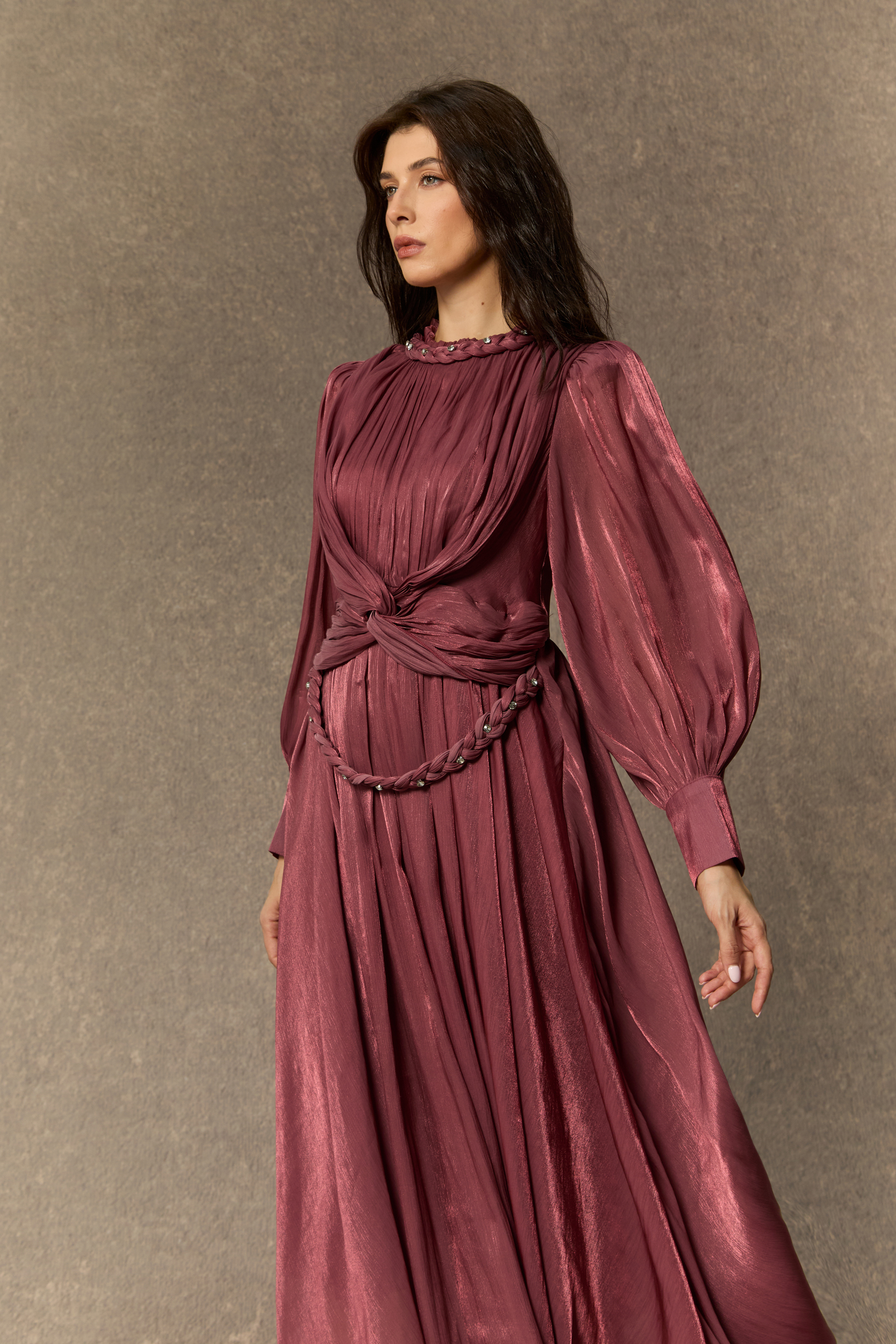 Irresistible Style Dark Pink Braided Detail Lantern Sleeve Maxi Dress