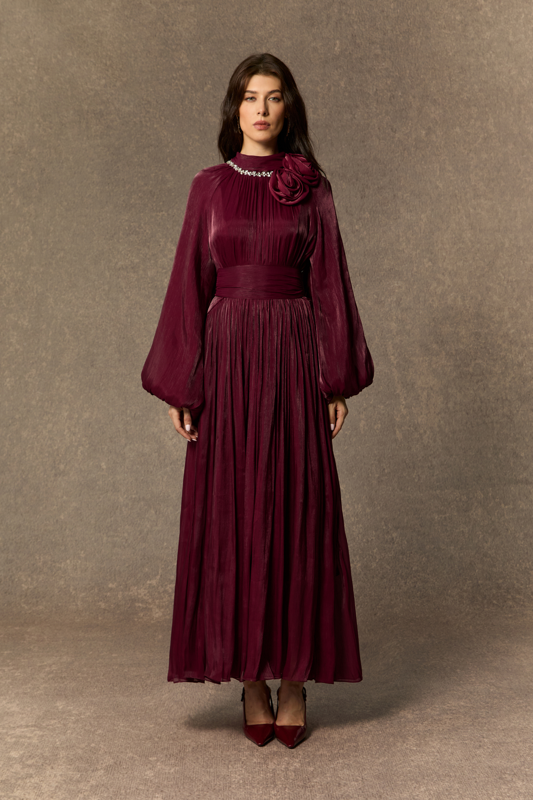 Modest Dresses: Burgundy Pearl Collared Pleated Maxi Dress for