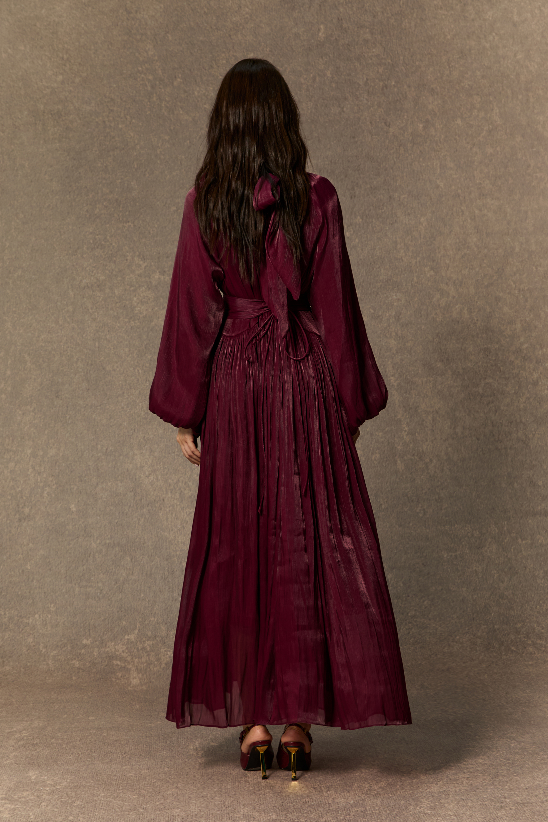 Beautiful Night Burgundy Pearl Collared Pleated Maxi Dress
