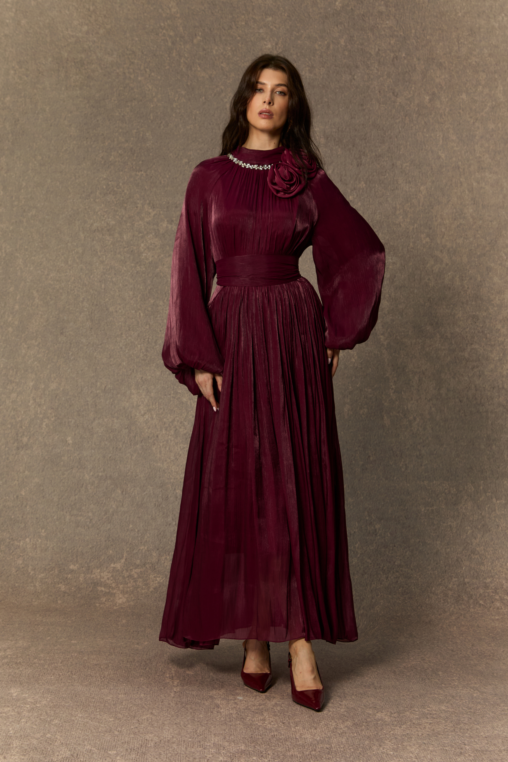 Beautiful Night Burgundy Pearl Collared Pleated Maxi Dress