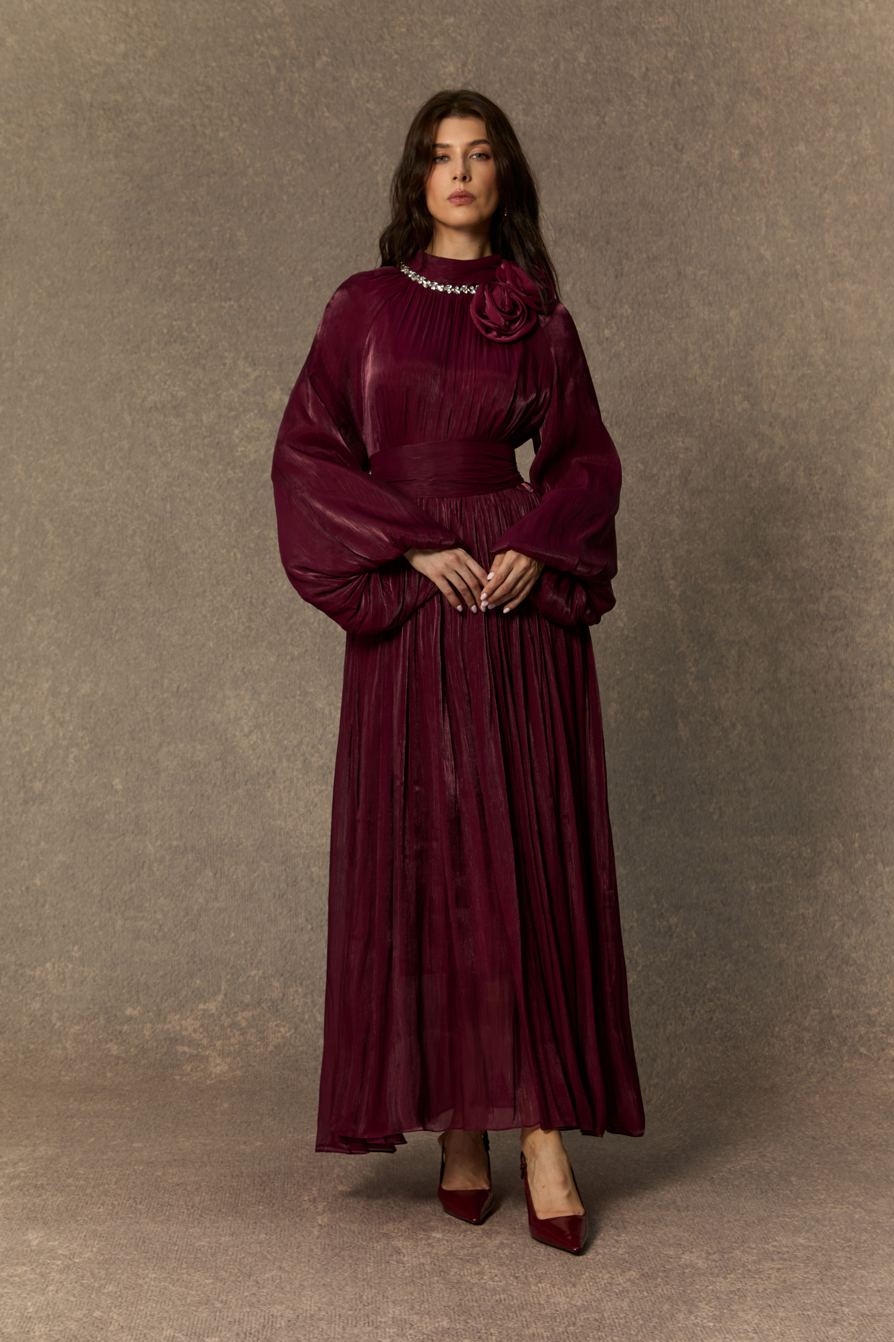 Beautiful Night Burgundy Pearl Collared Pleated Maxi Dress