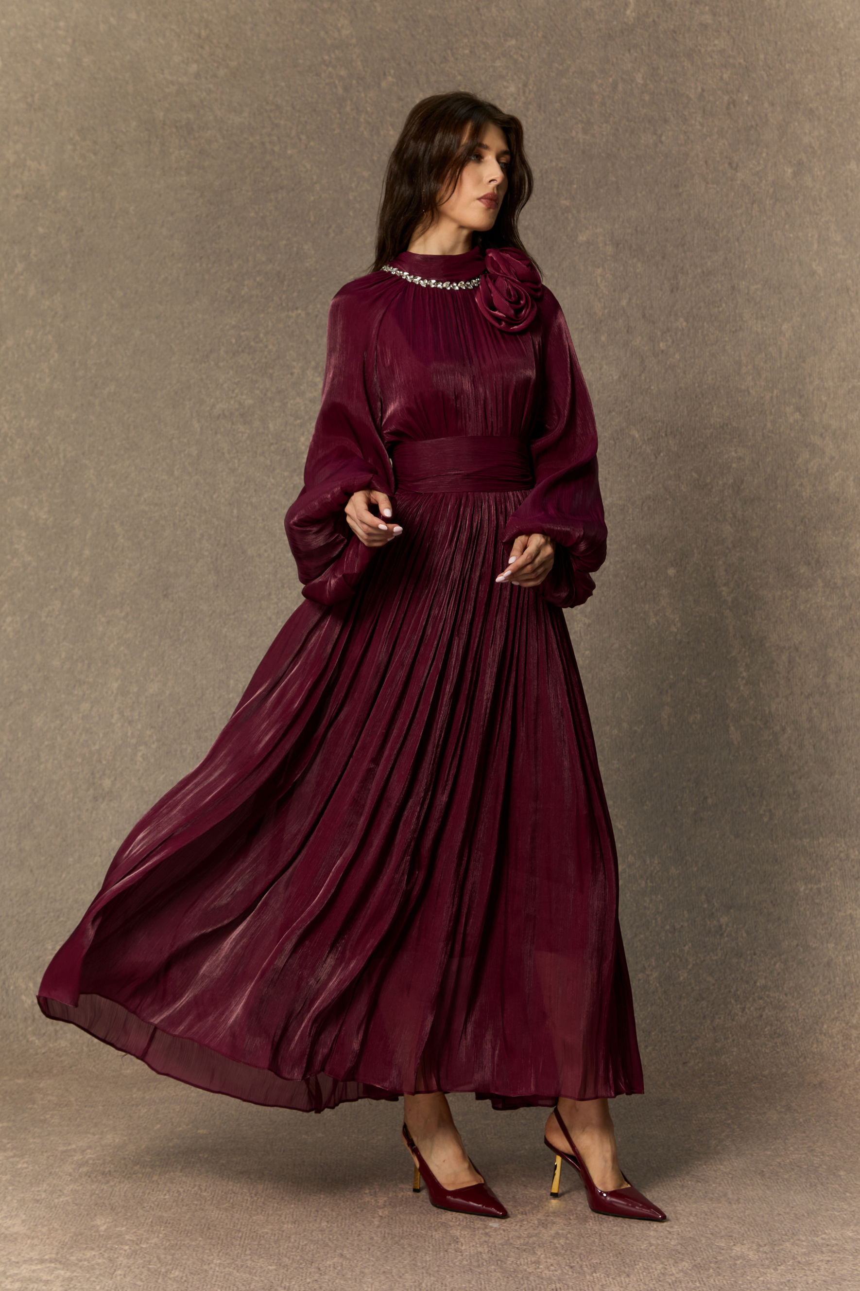 Beautiful Night Burgundy Pearl Collared Pleated Maxi Dress