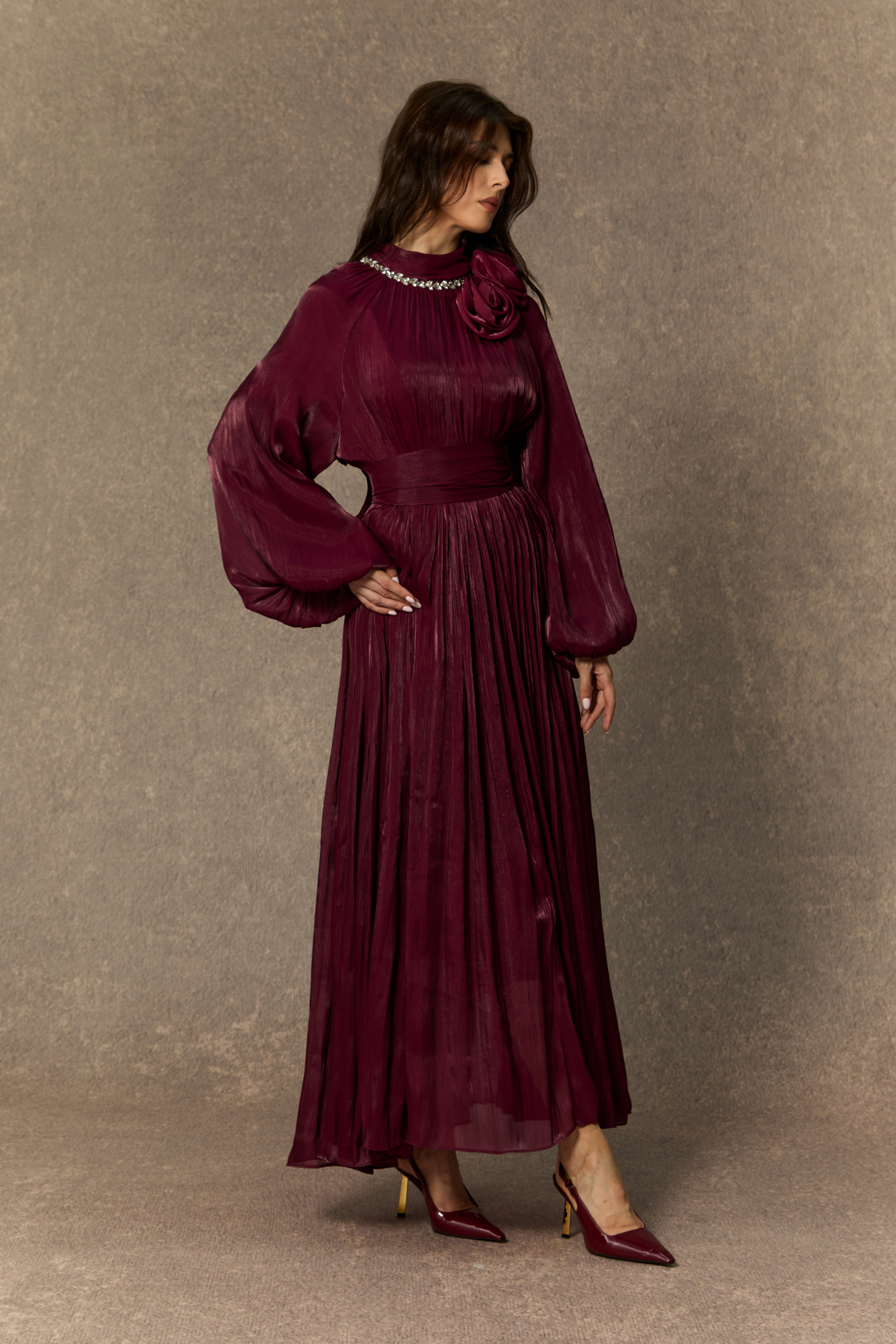 Beautiful Night Burgundy Pearl Collared Pleated Maxi Dress