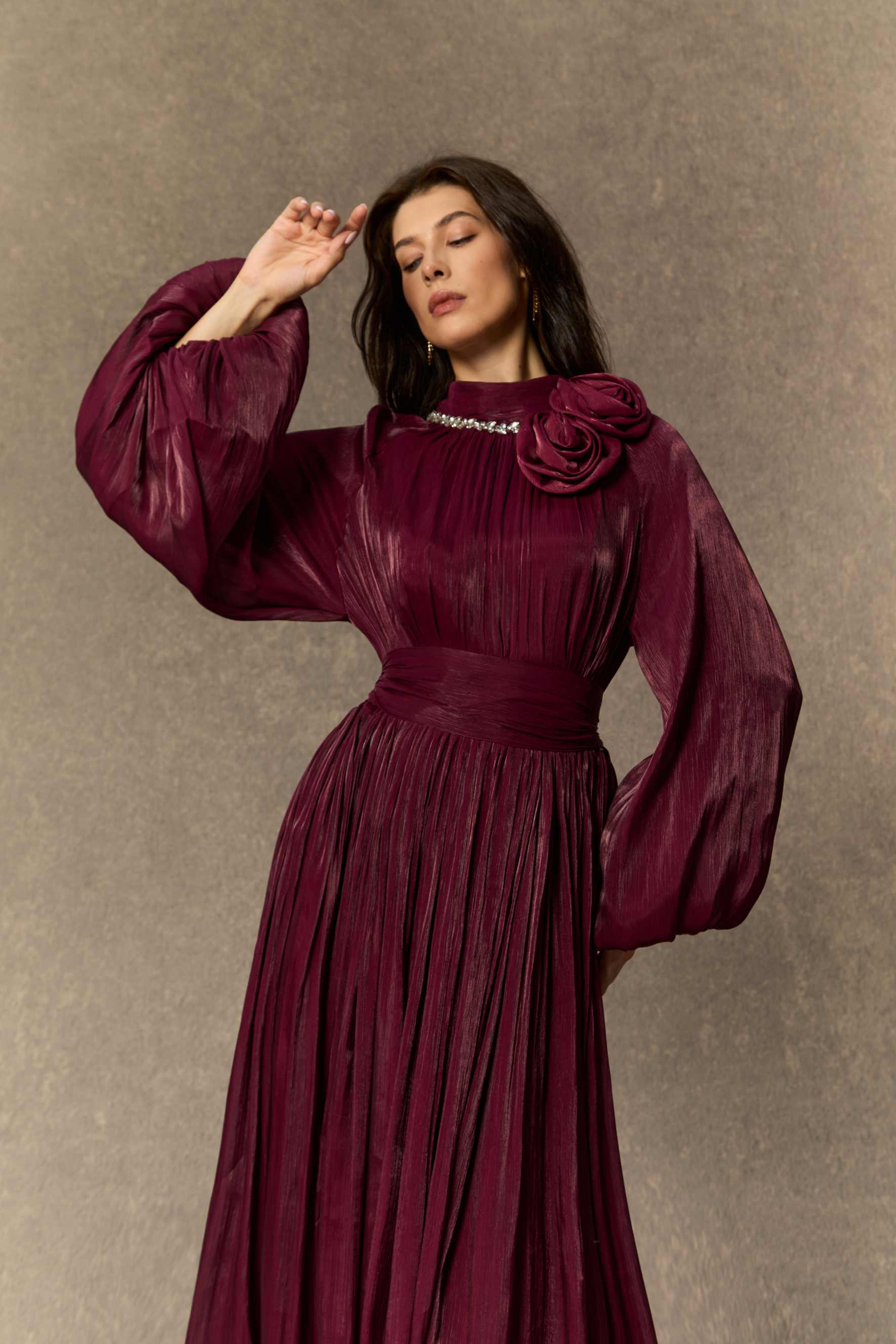 Beautiful Night Burgundy Pearl Collared Pleated Maxi Dress