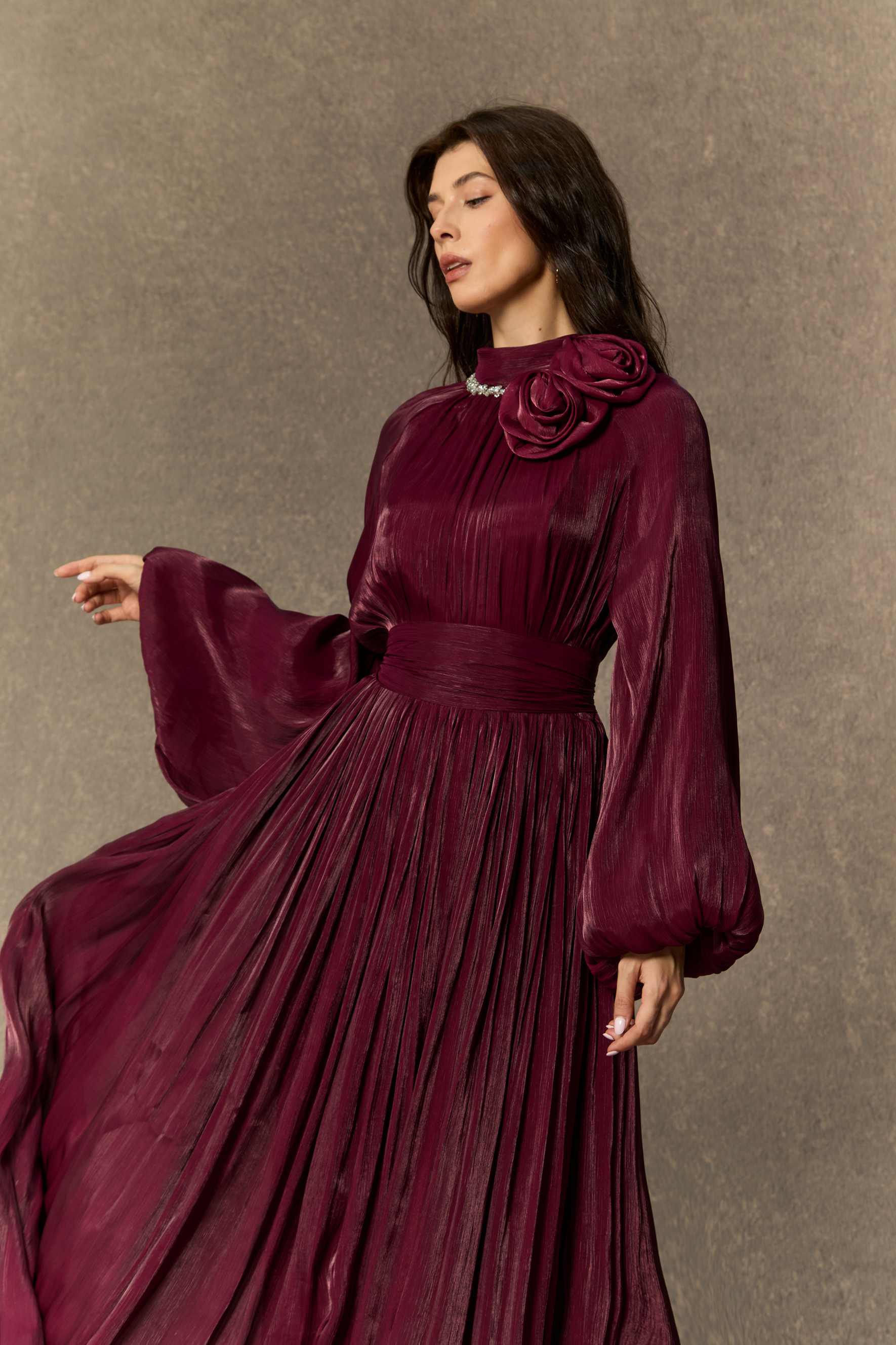 Beautiful Night Burgundy Pearl Collared Pleated Maxi Dress