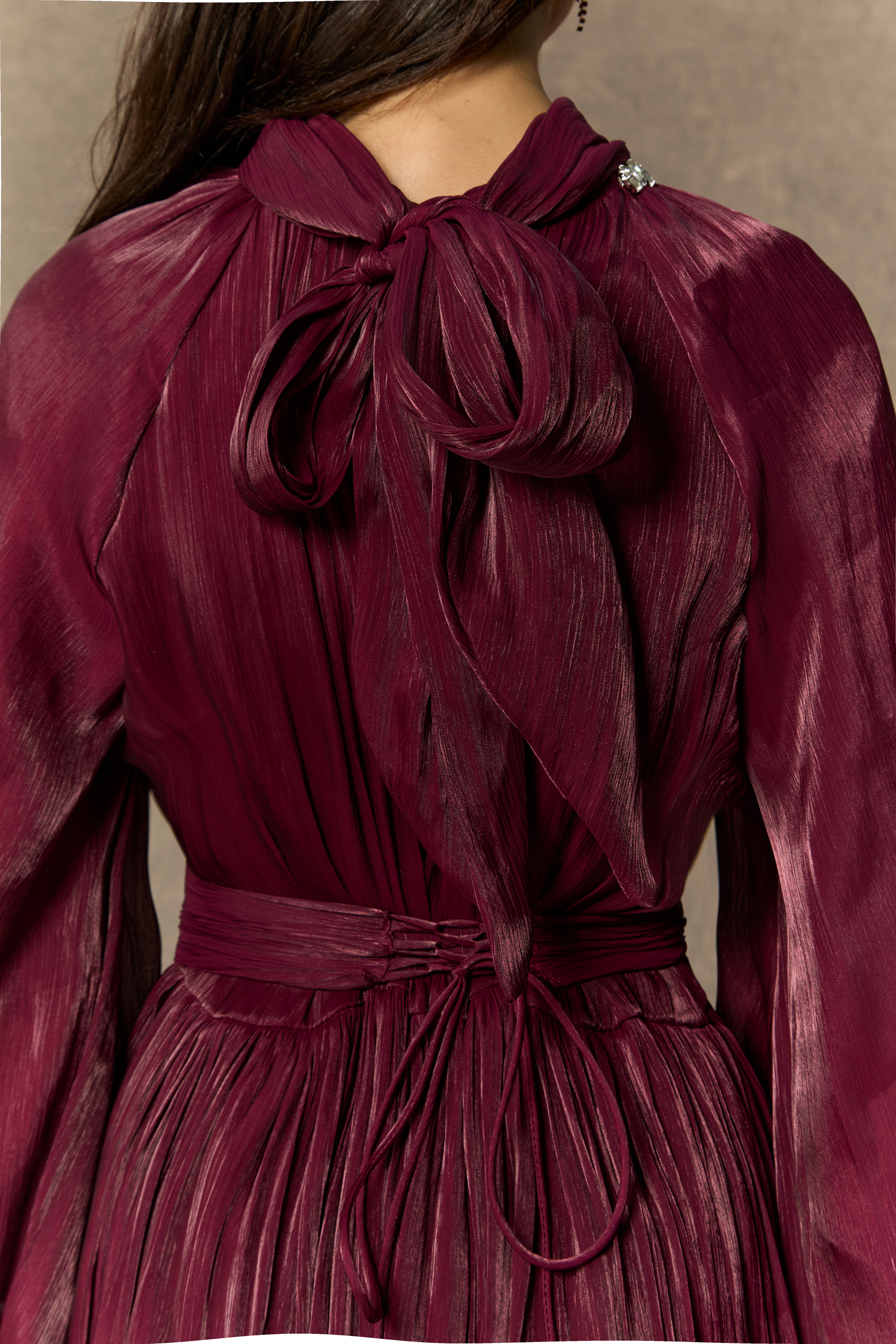 Beautiful Night Burgundy Pearl Collared Pleated Maxi Dress