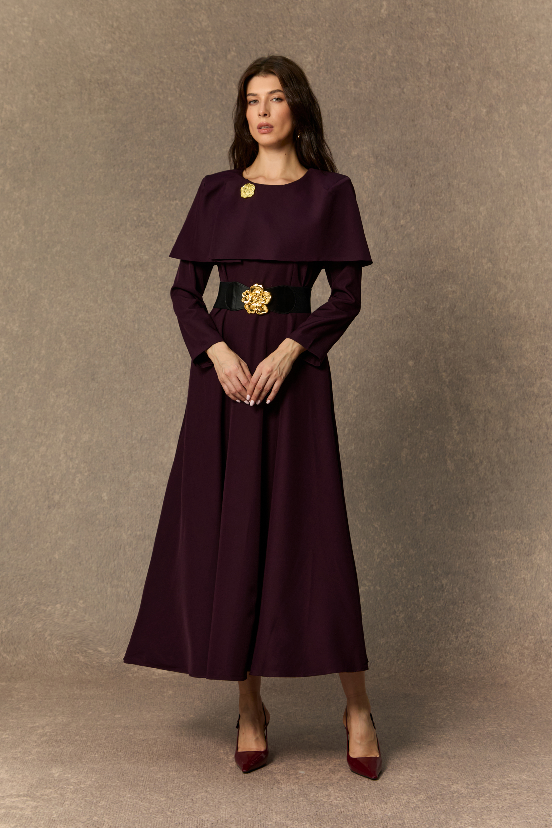Classy Attitude Purple Cape Detail Floral Midi Dress