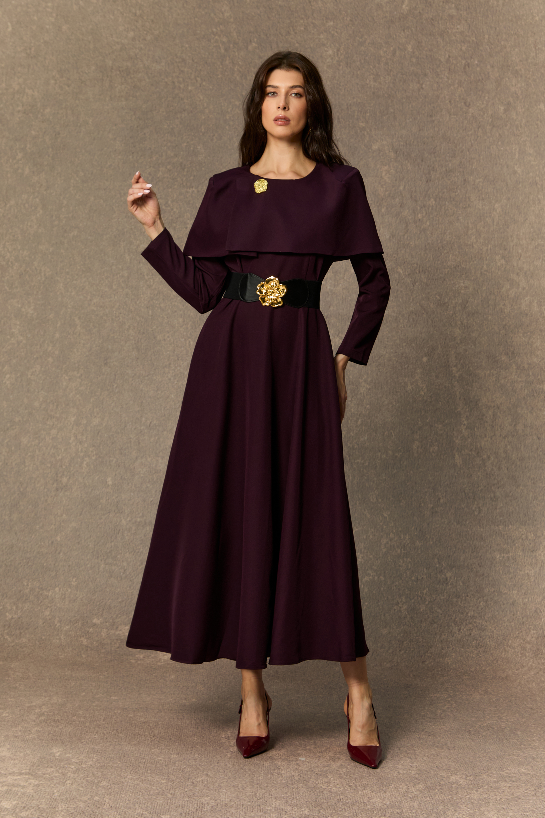 Classy Attitude Purple Cape Detail Floral Midi Dress