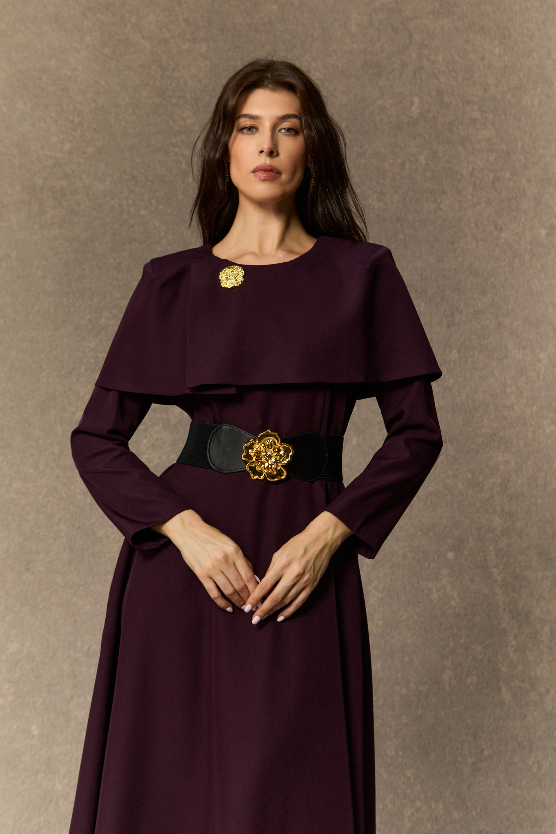Classy Attitude Purple Cape Detail Floral Midi Dress
