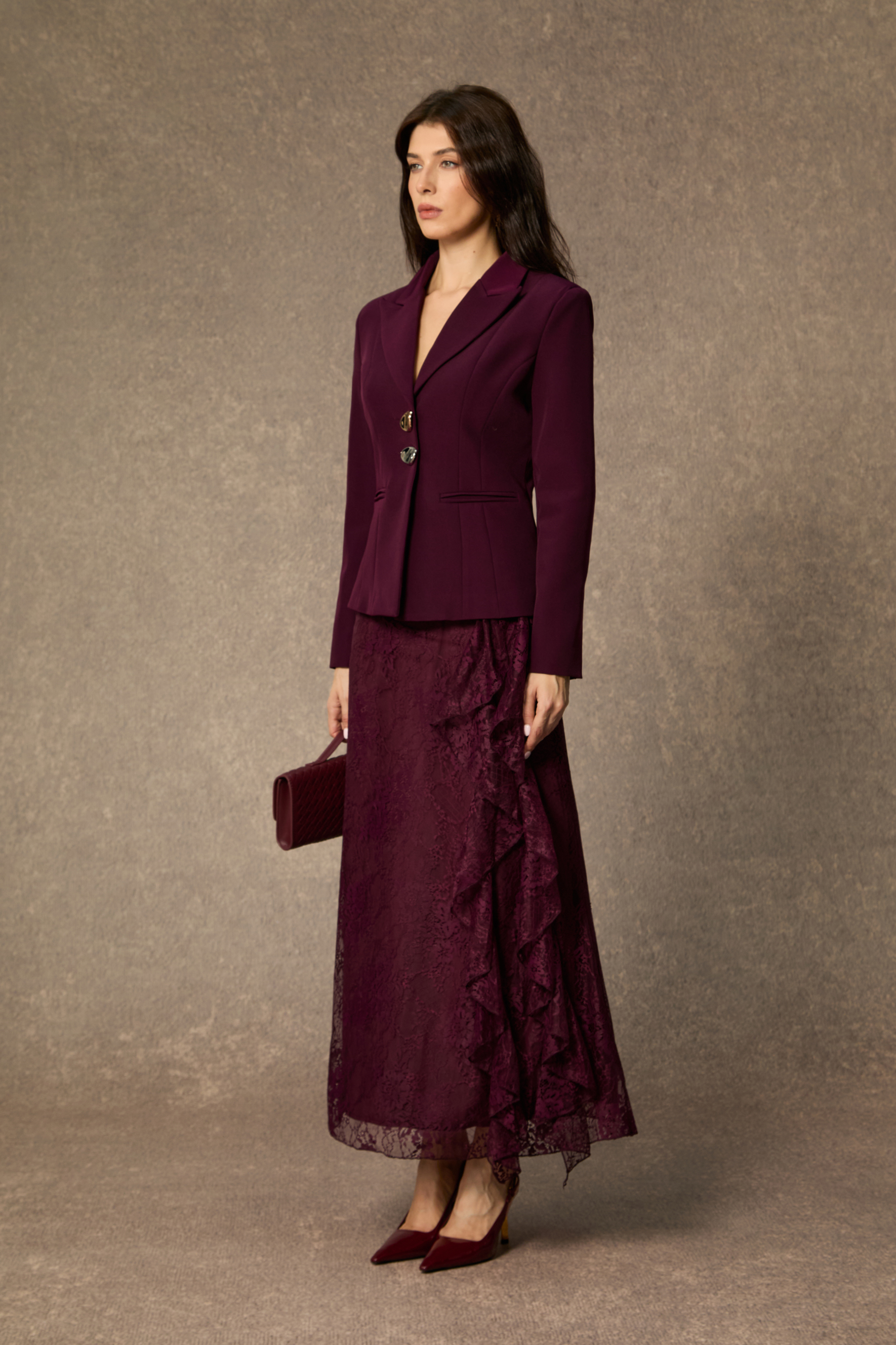 Style Unleashed Burgundy Irregular Button Jacket & Ruffled Lace Dress Set