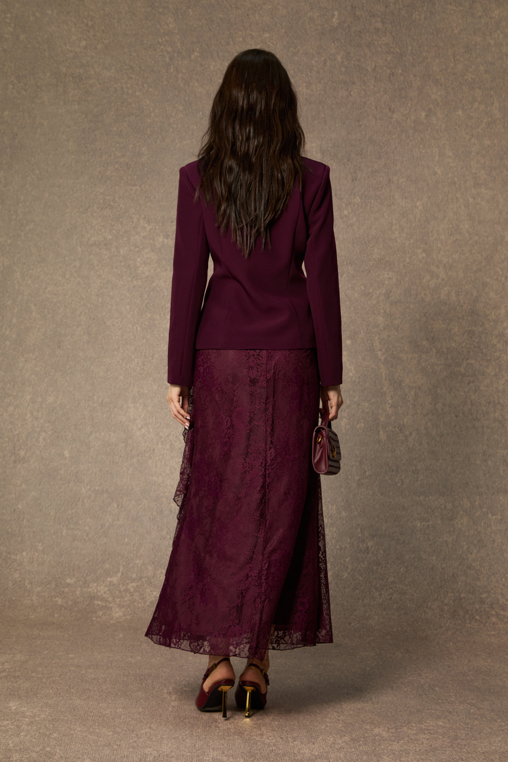 Style Unleashed Burgundy Irregular Button Jacket & Ruffled Lace Dress Set