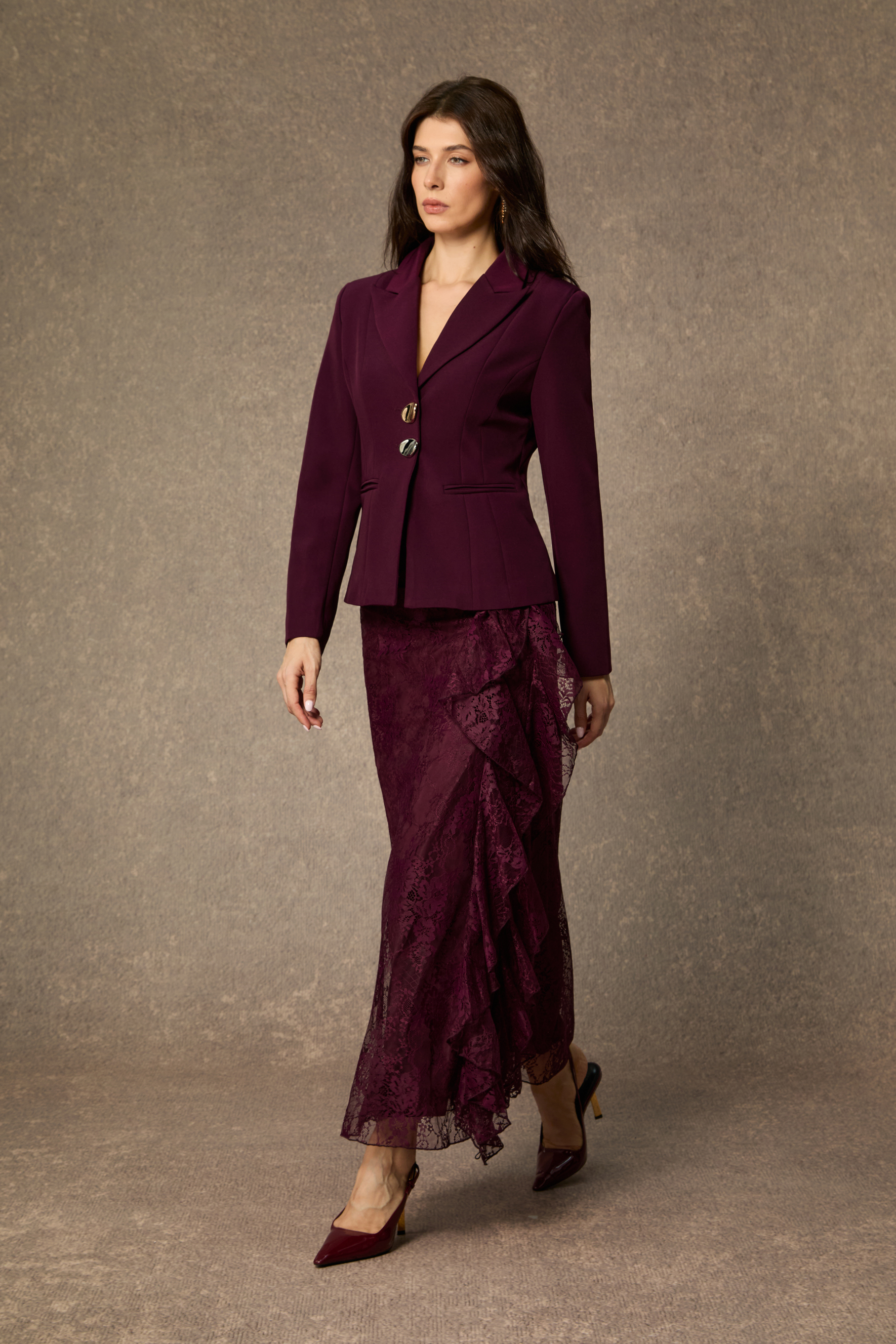 Style Unleashed Burgundy Irregular Button Jacket & Ruffled Lace Dress Set