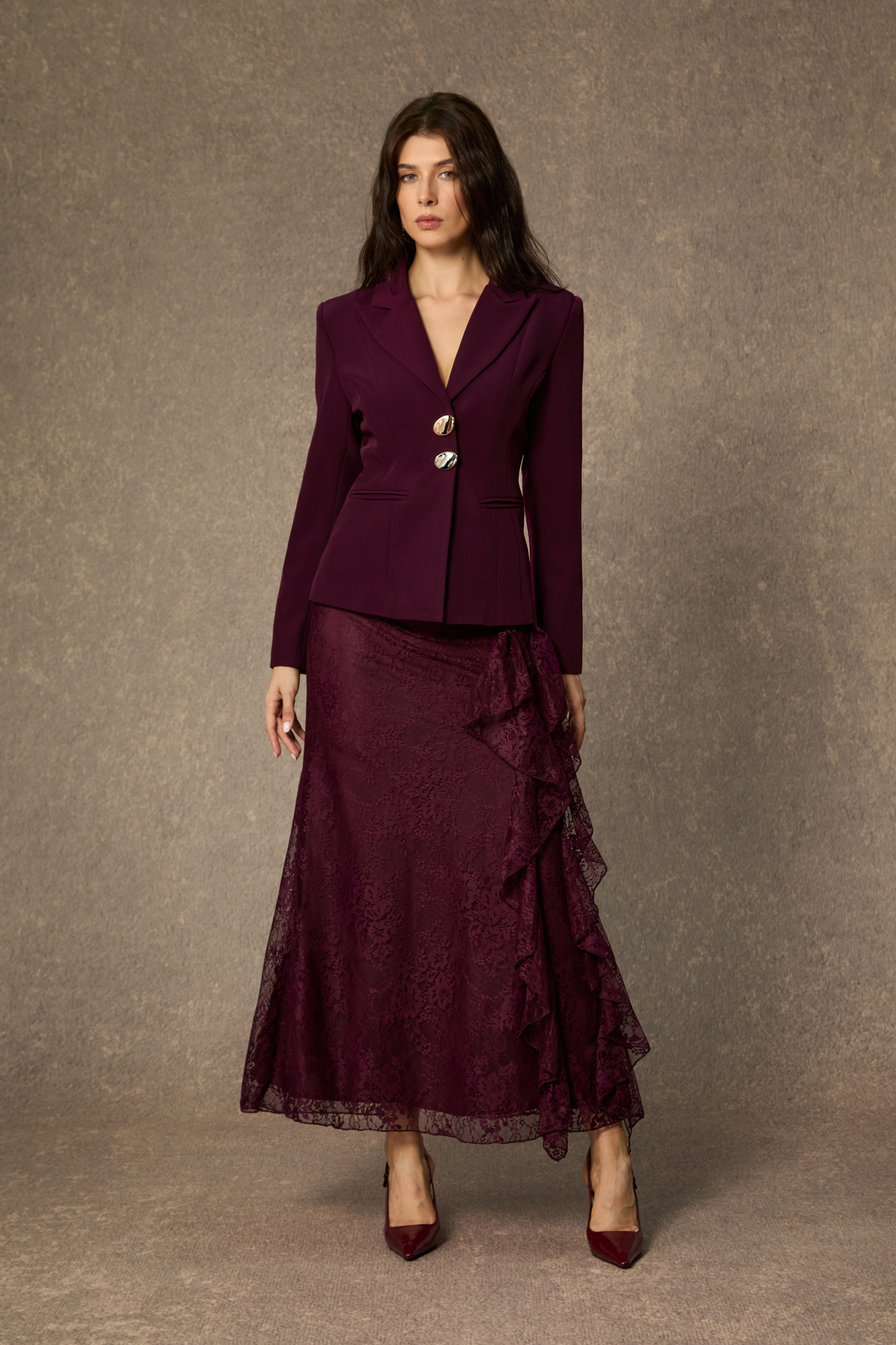 Style Unleashed Burgundy Irregular Button Jacket & Ruffled Lace Dress Set