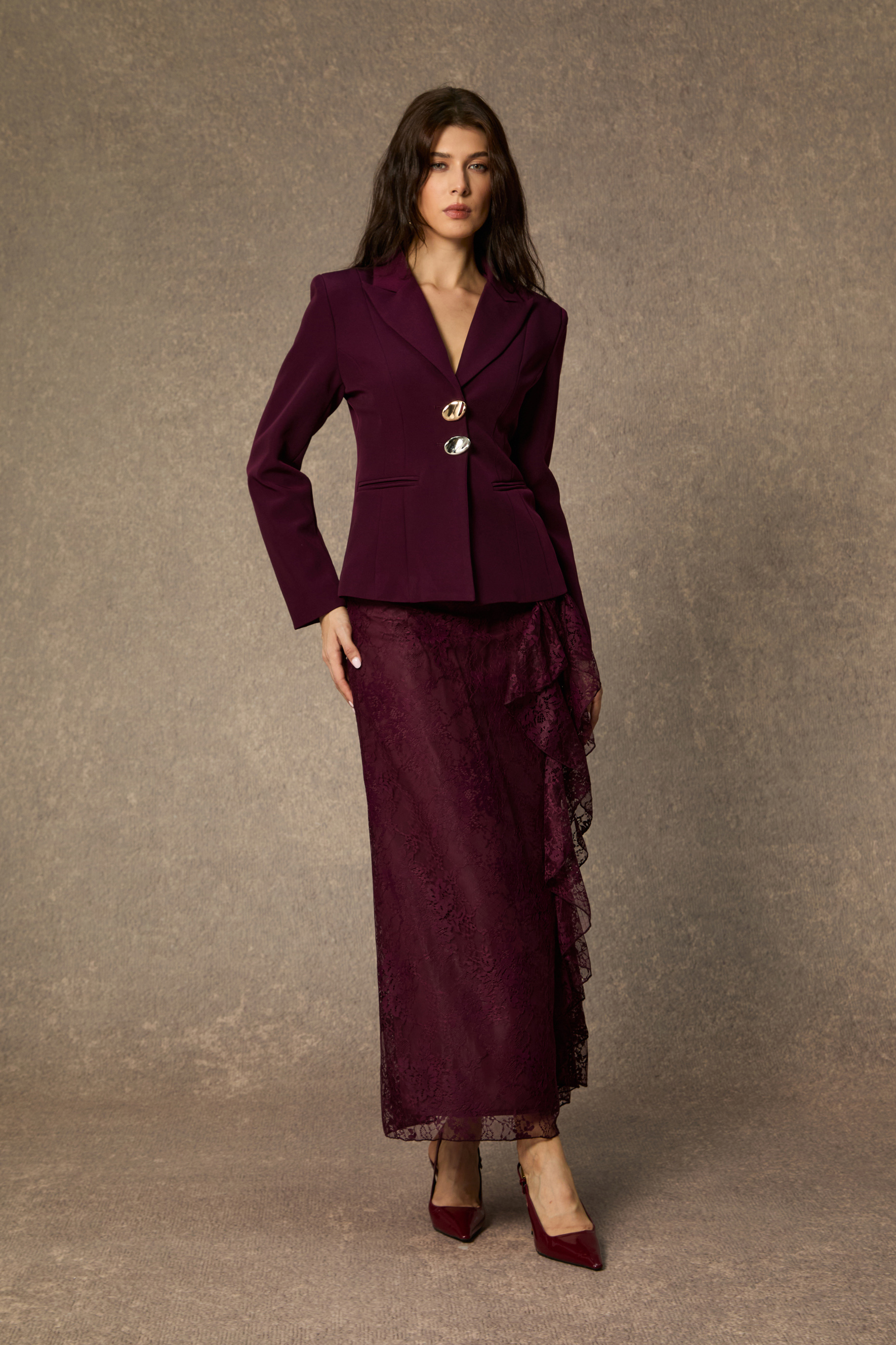 Style Unleashed Burgundy Irregular Button Jacket & Ruffled Lace Dress Set