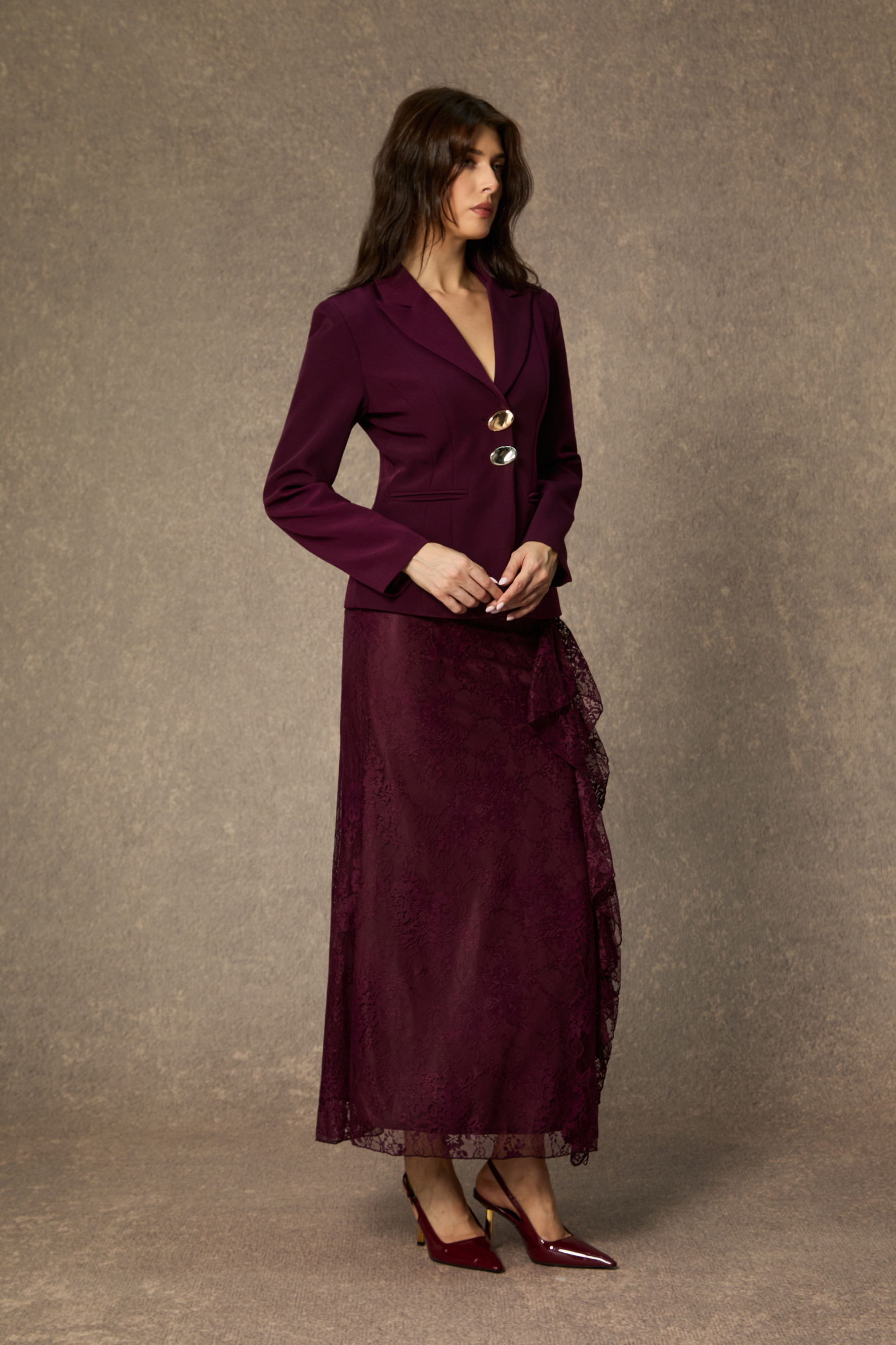 Style Unleashed Burgundy Irregular Button Jacket & Ruffled Lace Dress Set