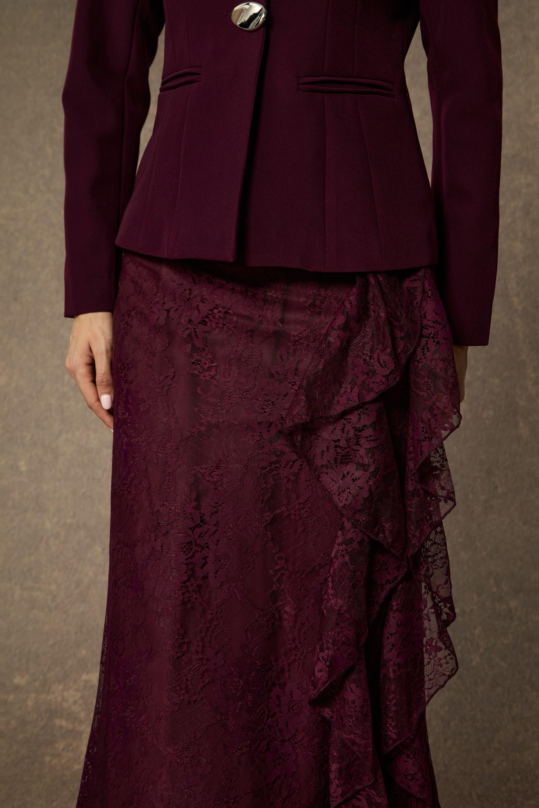 Style Unleashed Burgundy Irregular Button Jacket & Ruffled Lace Dress Set