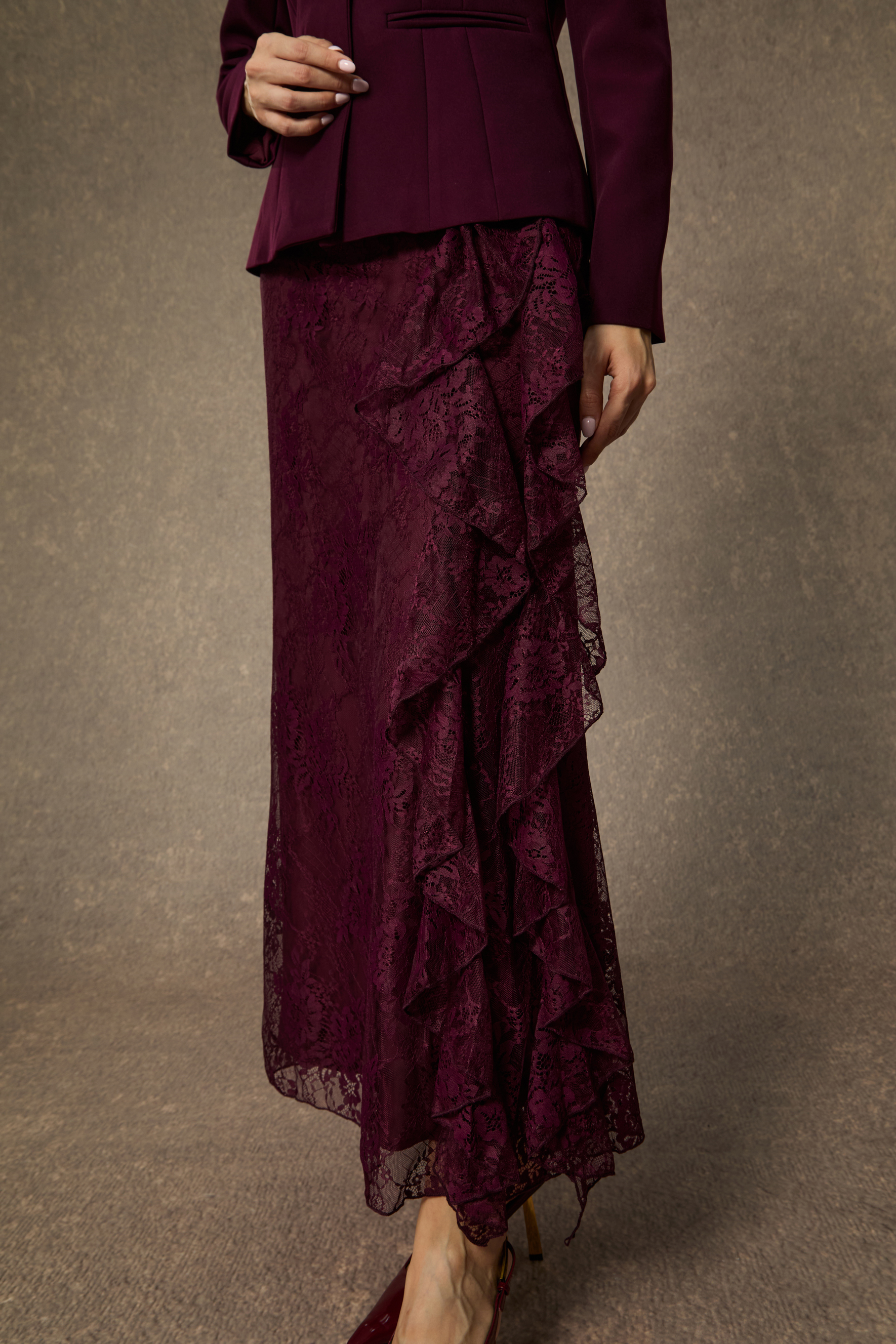 Style Unleashed Burgundy Irregular Button Jacket & Ruffled Lace Dress Set