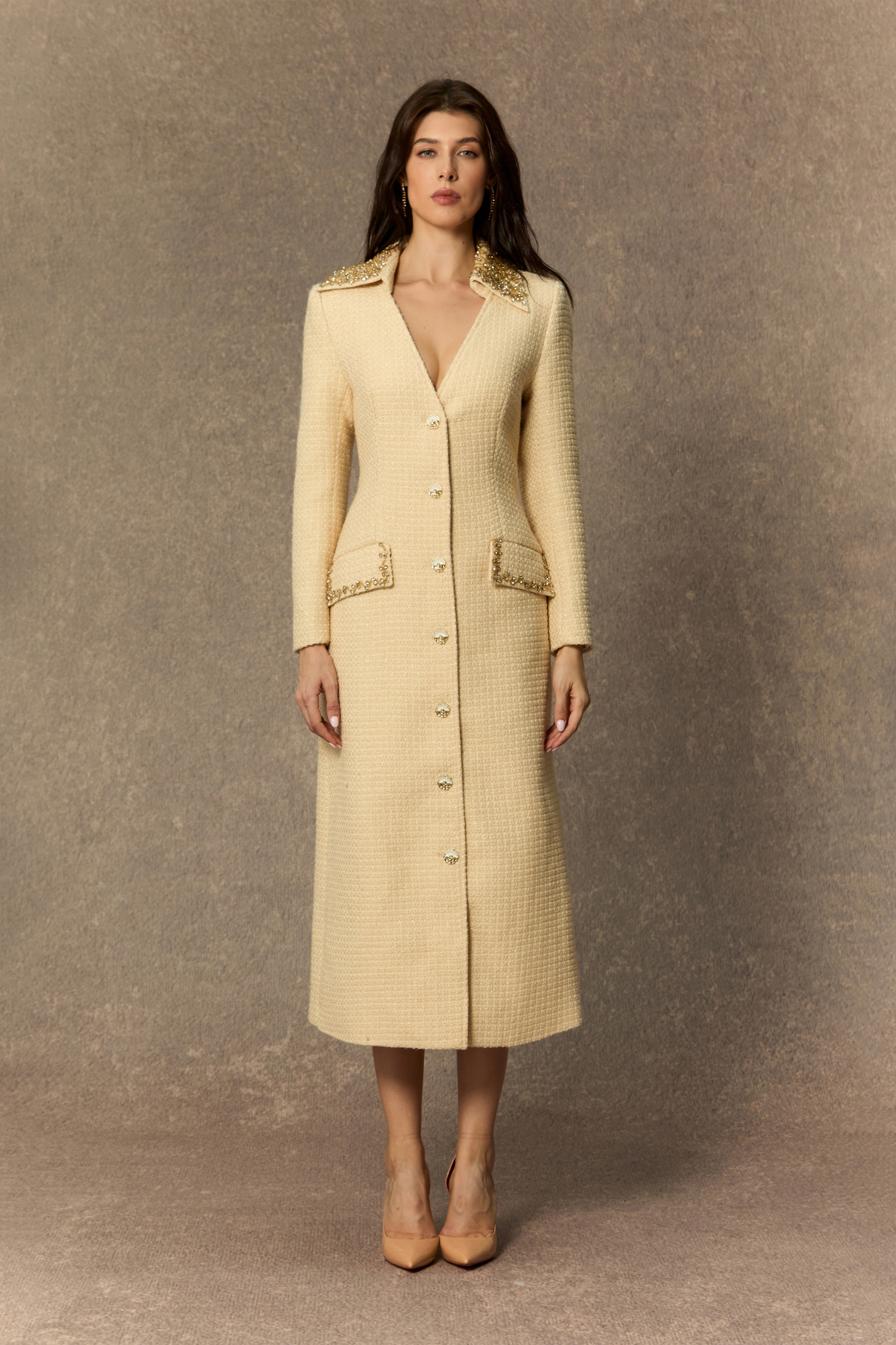 High Class Chic Beige Diamante V-neck Midi Dress