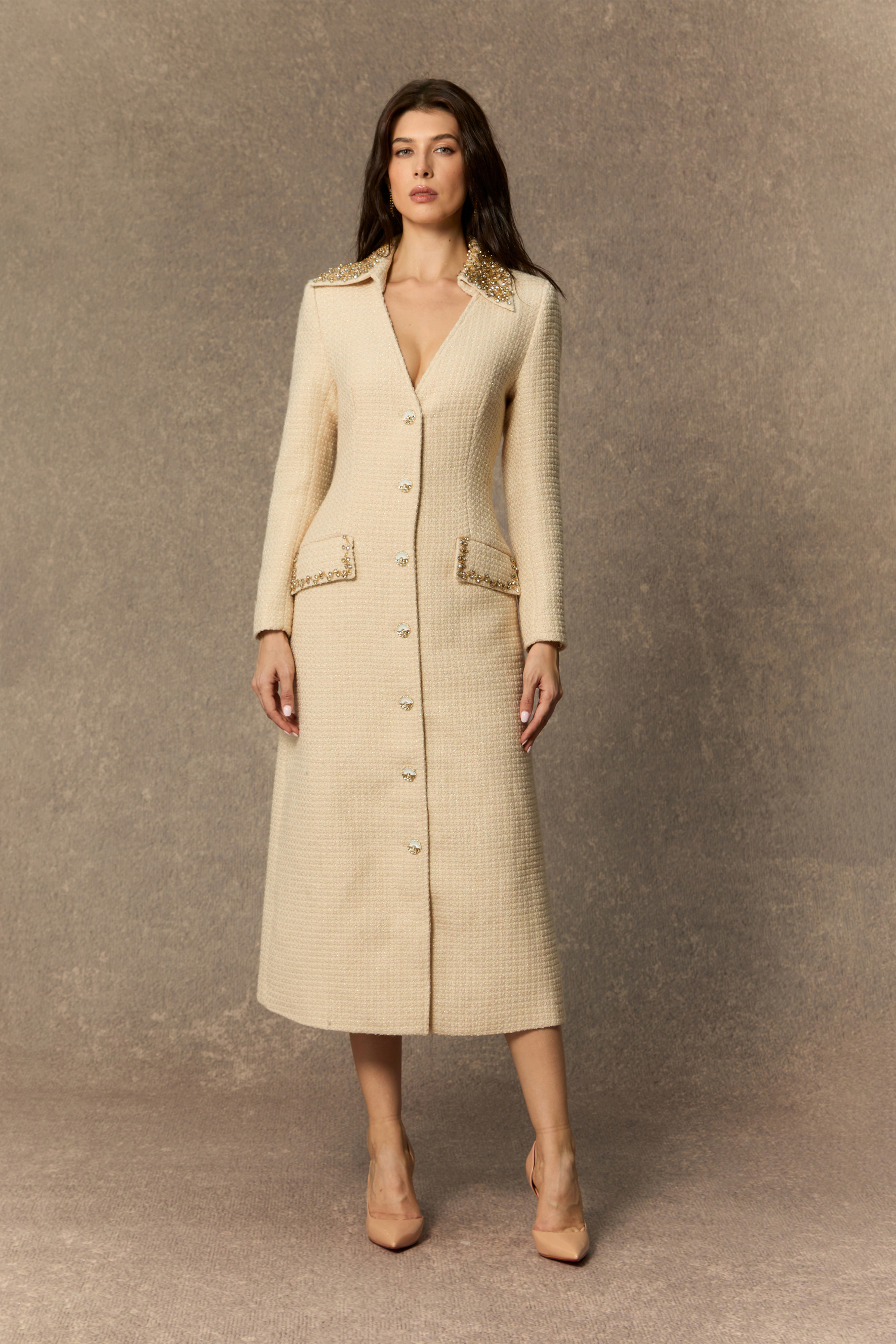 High Class Chic Beige Diamante V-neck Midi Dress