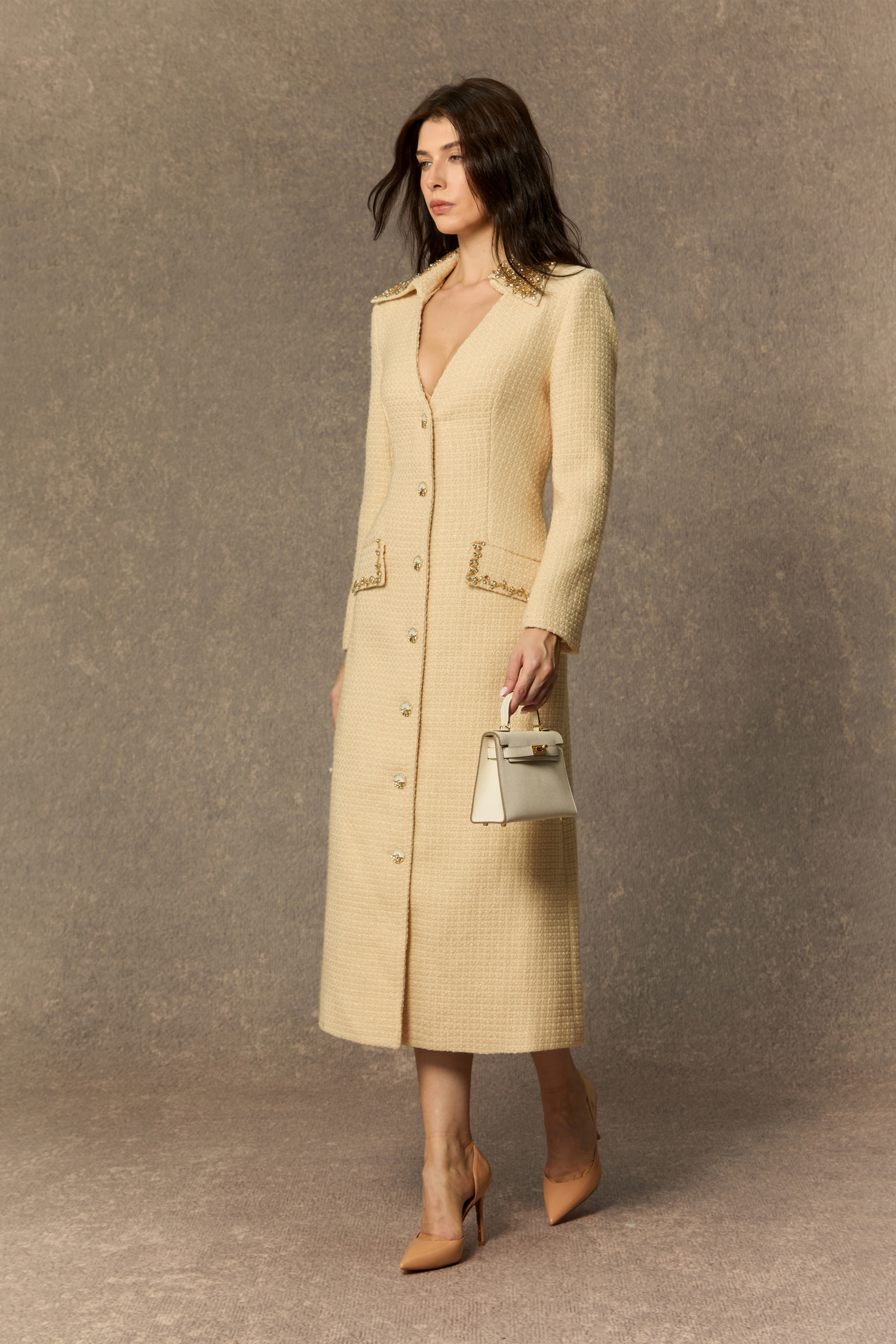 High Class Chic Beige Diamante V-neck Midi Dress