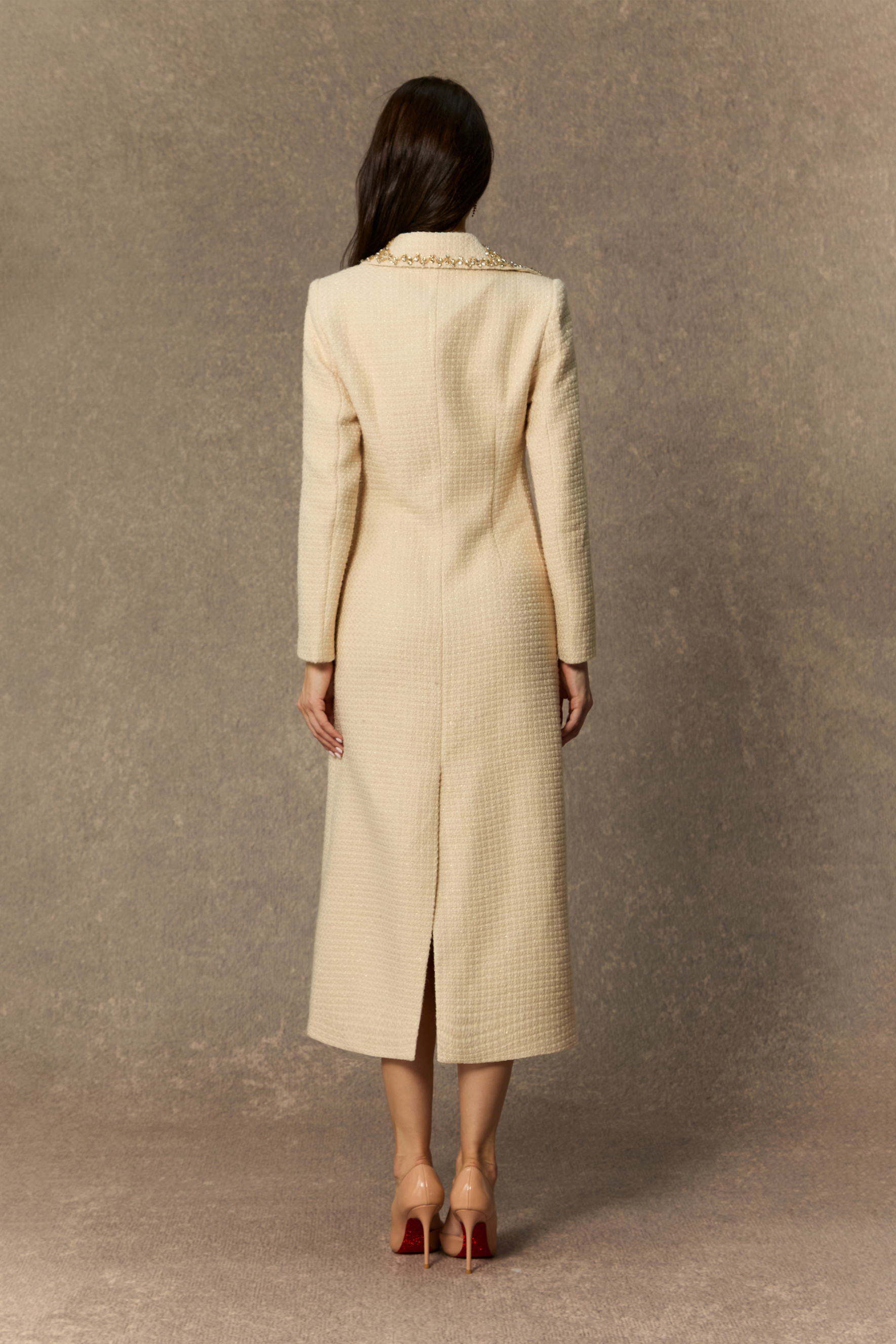 High Class Chic Beige Diamante V-neck Midi Dress