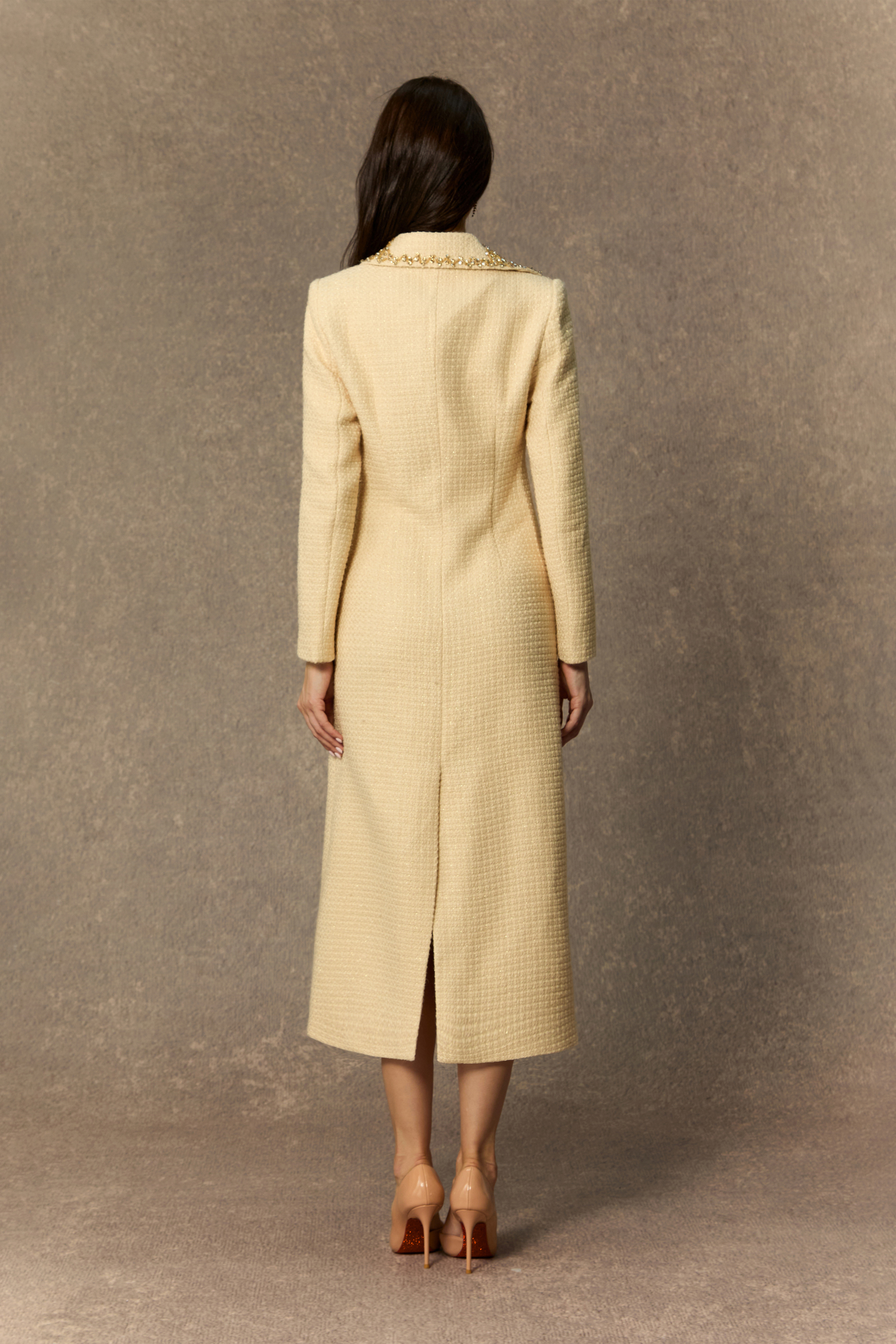 High Class Chic Beige Diamante V-neck Midi Dress