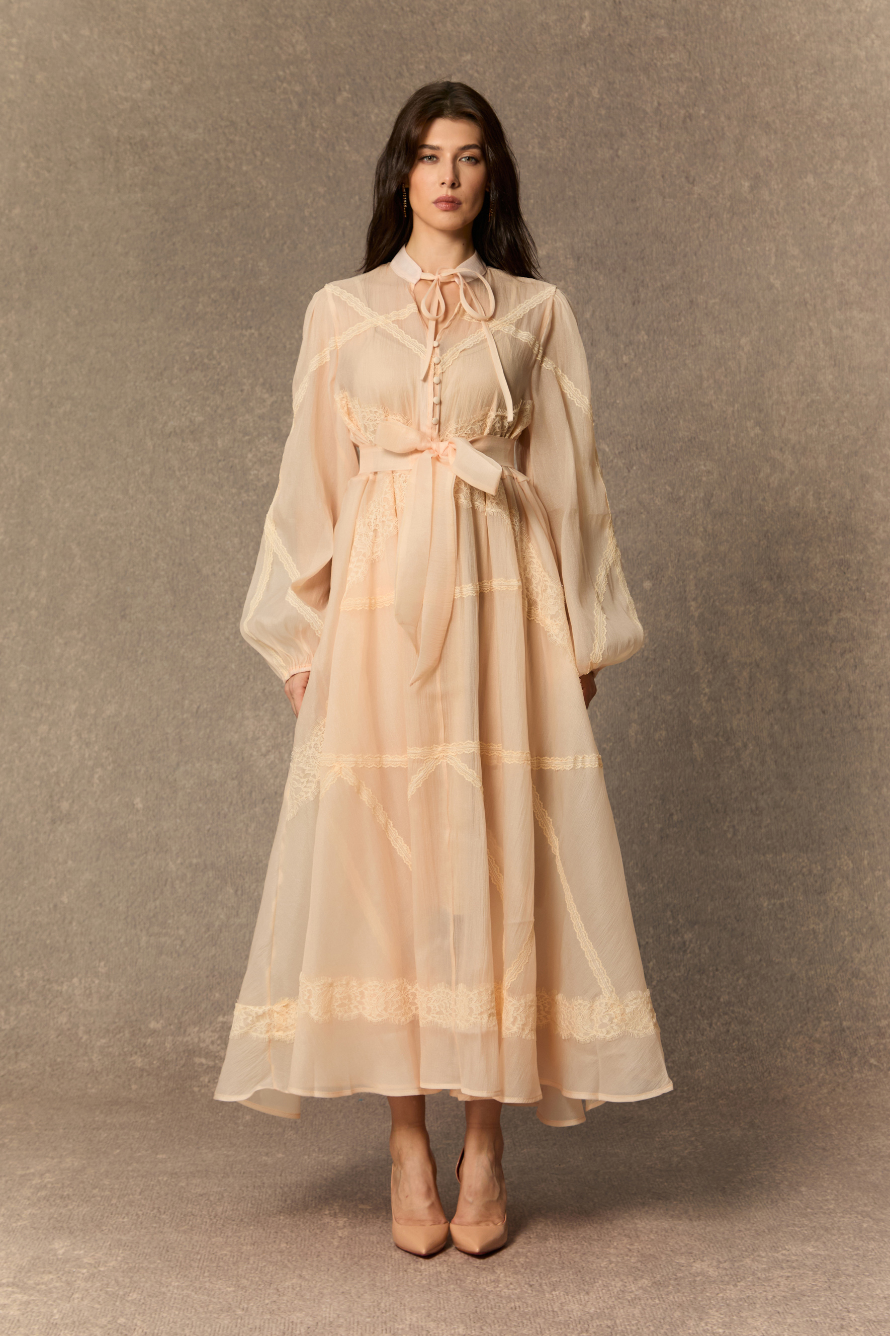 Lovely Details Beige Tie Neck Lace Panel Maxi Dress