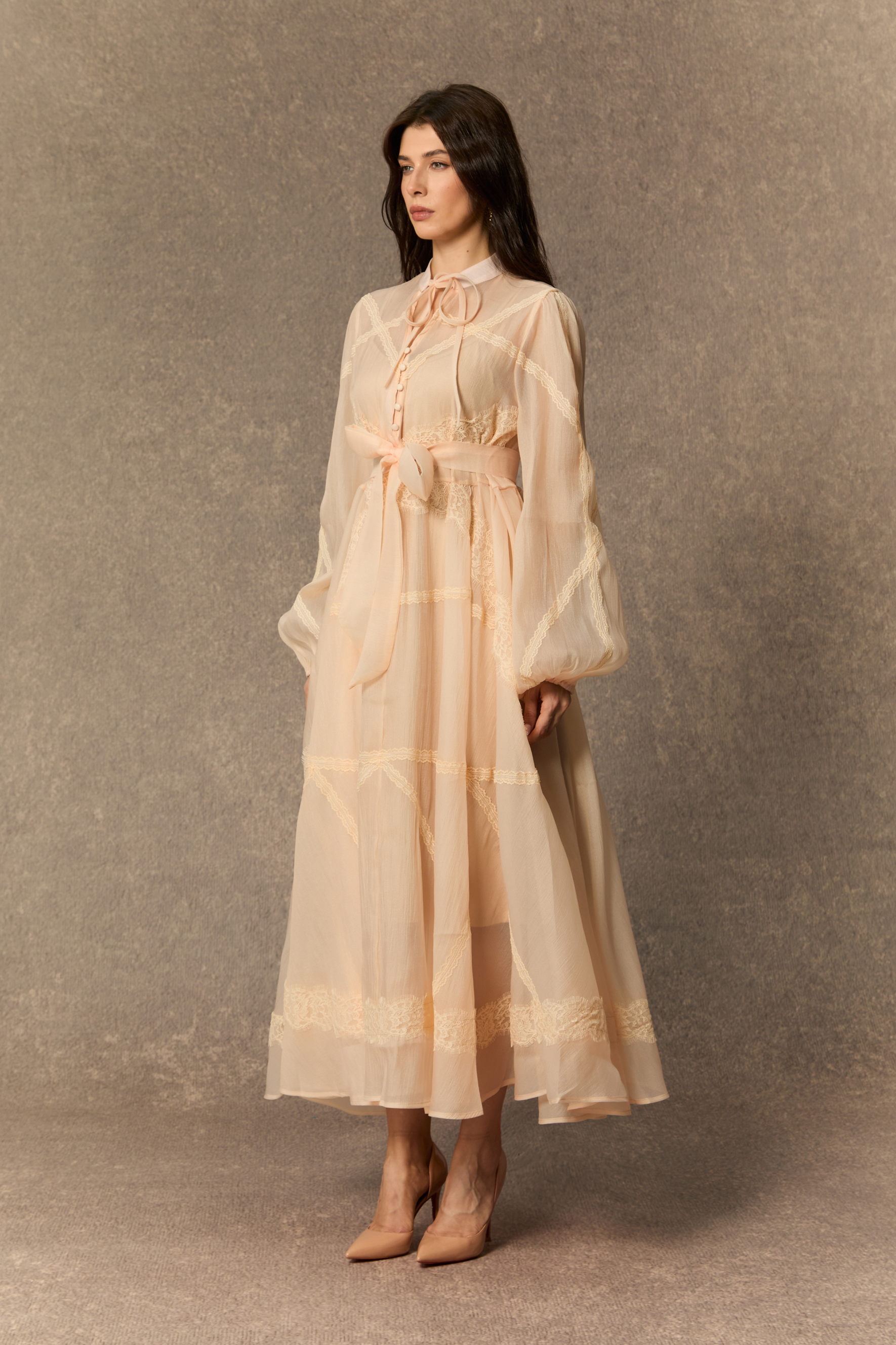 Lovely Details Beige Tie Neck Lace Panel Maxi Dress