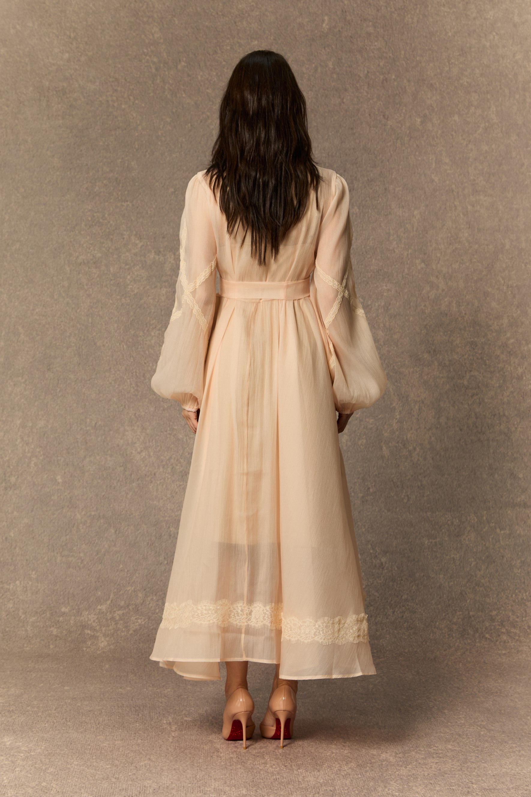 Lovely Details Beige Tie Neck Lace Panel Maxi Dress